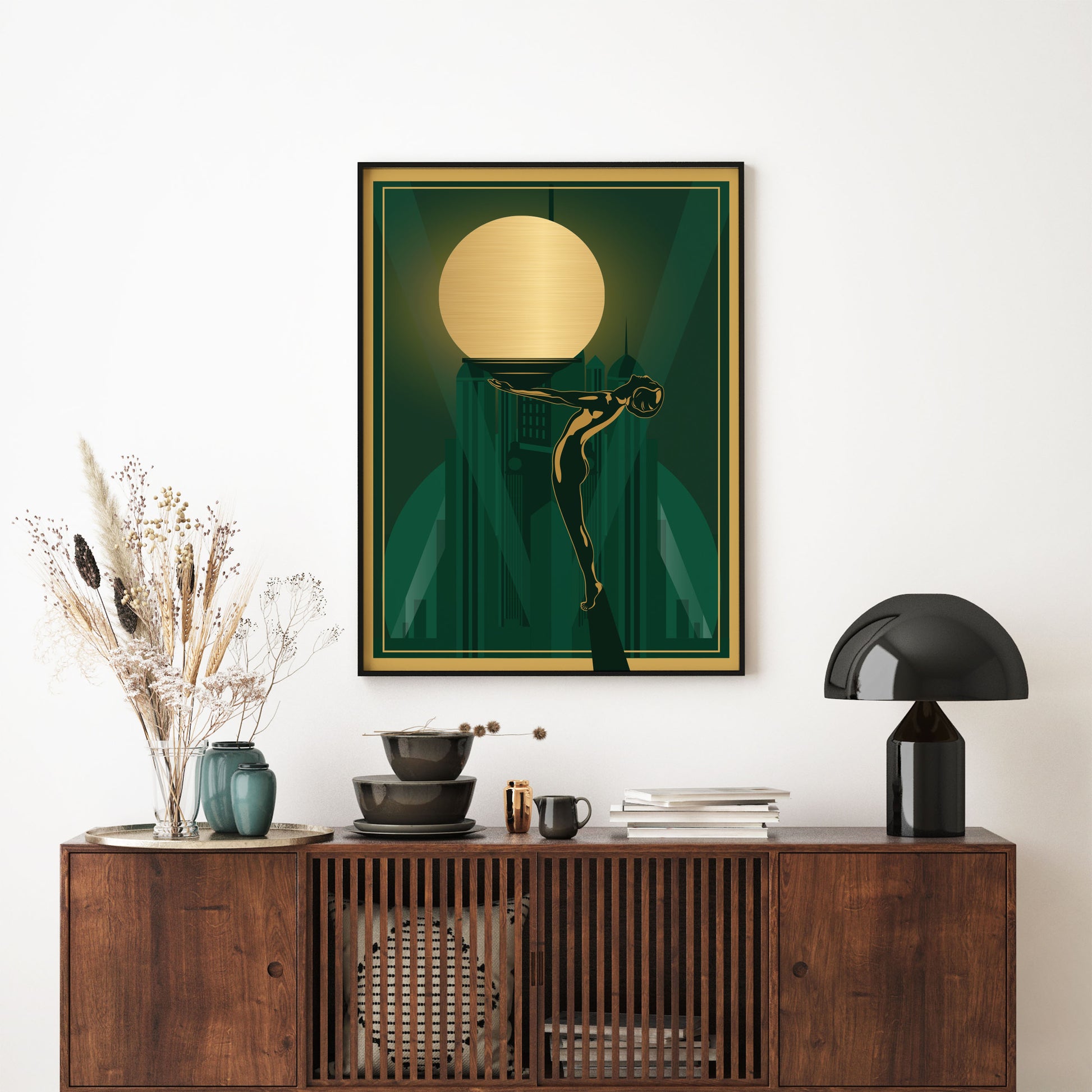 Art deco poster in green and gold