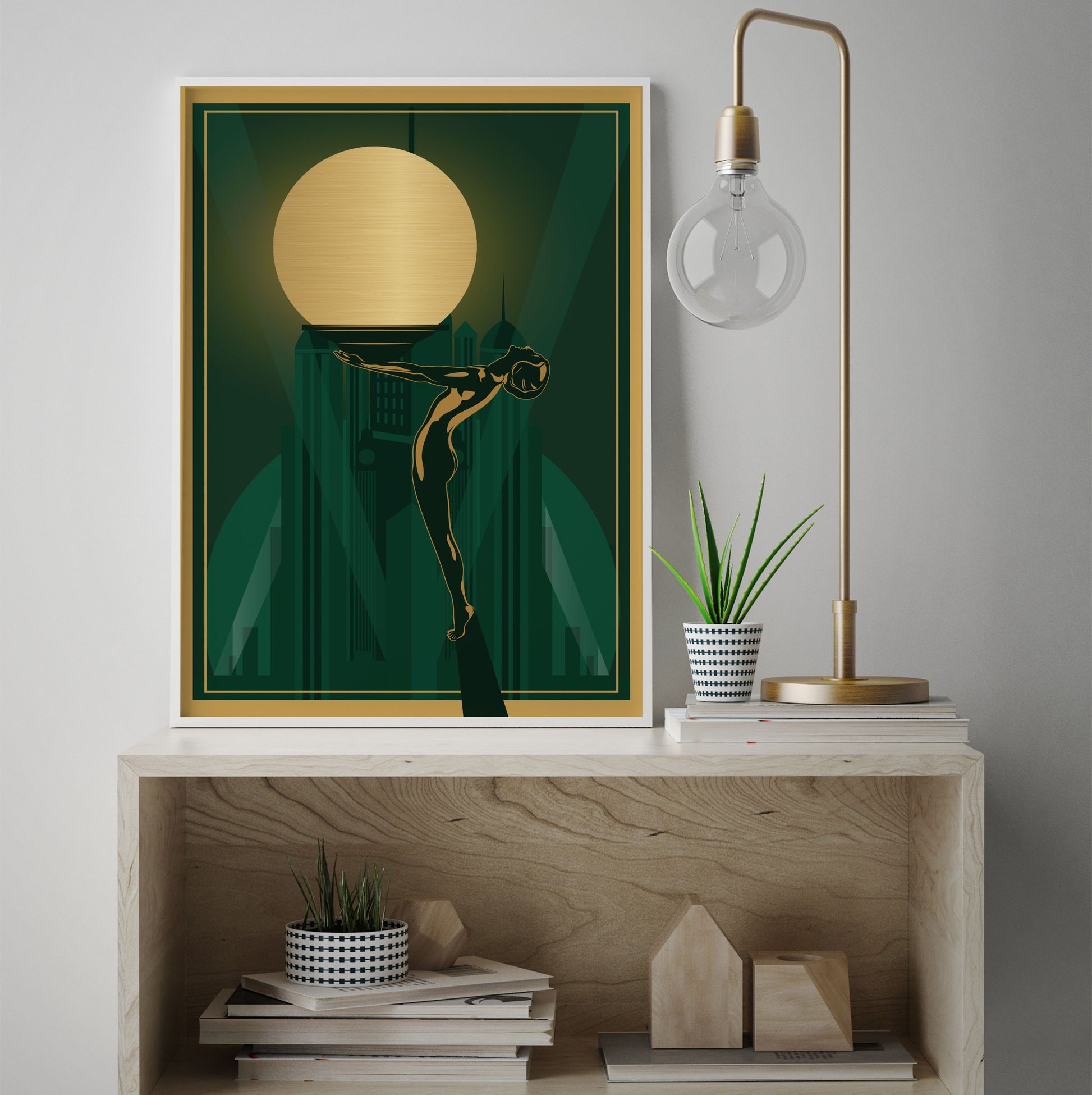 Green and gold art deco woman print