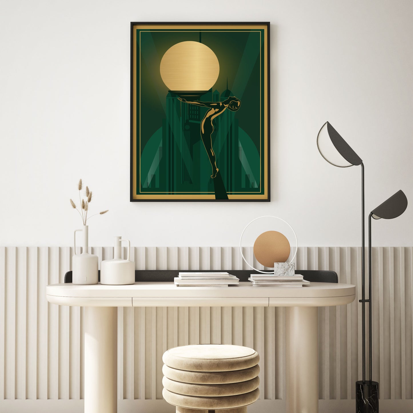 Green and gold art deco print