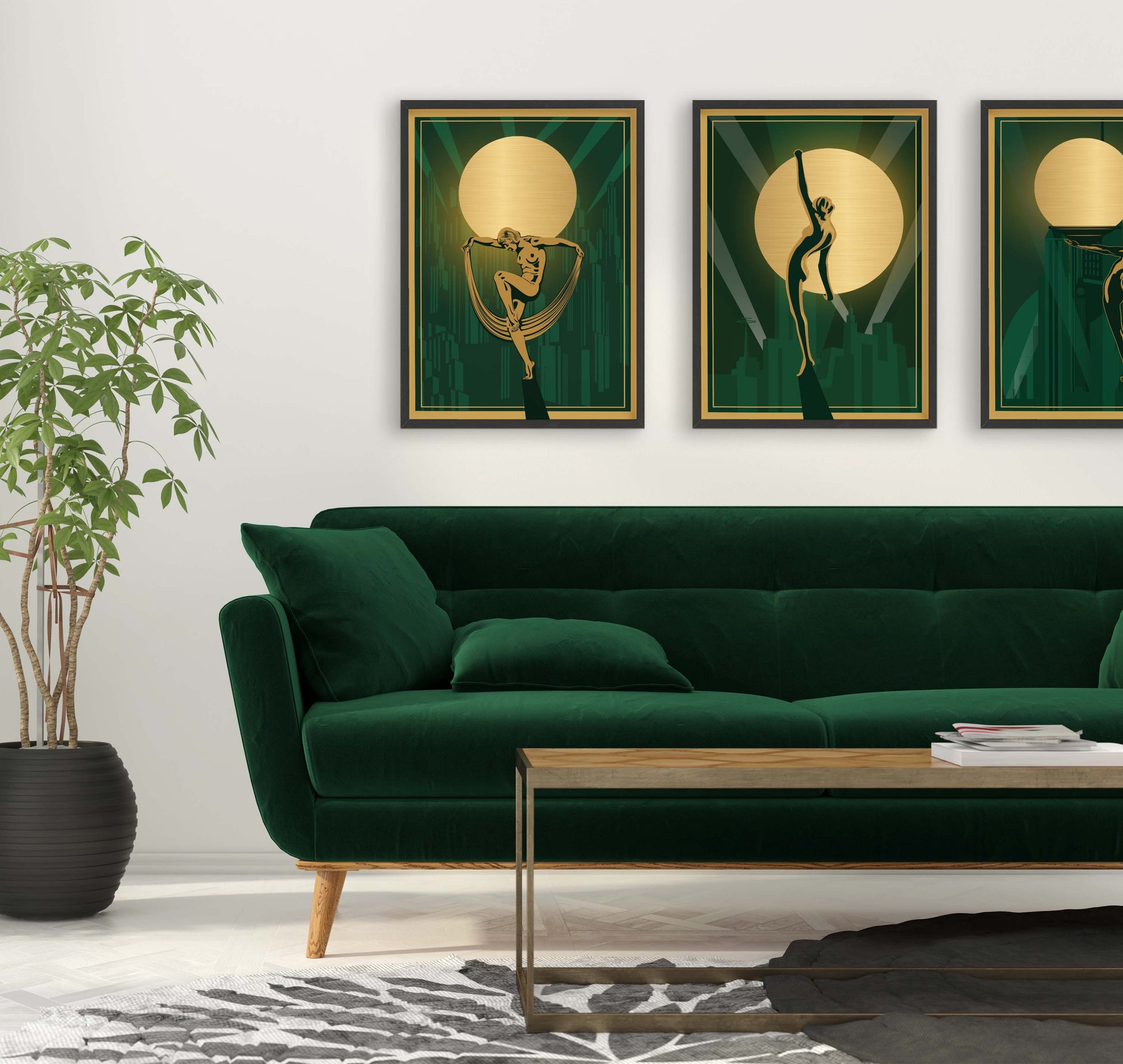 Set of 3 art deco prints in green and gold