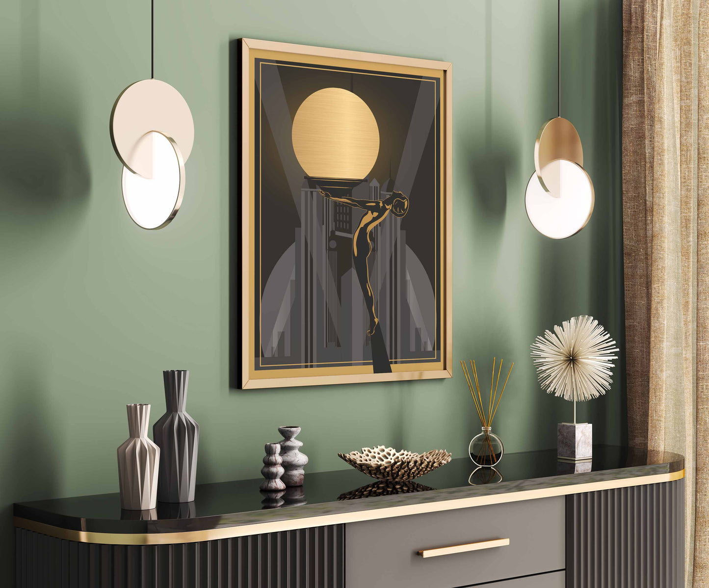 Art deco wall art print in gold and black