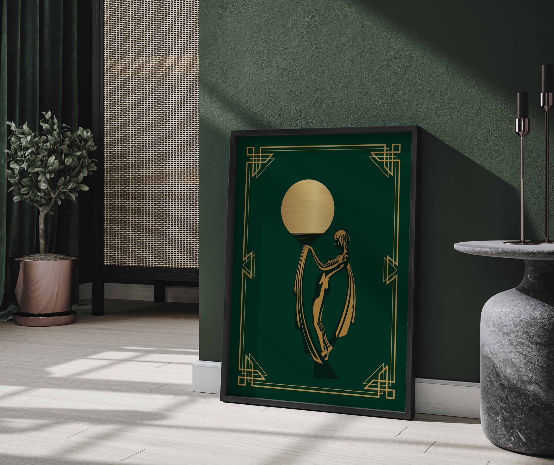 Green and gold woman print in an art deco style