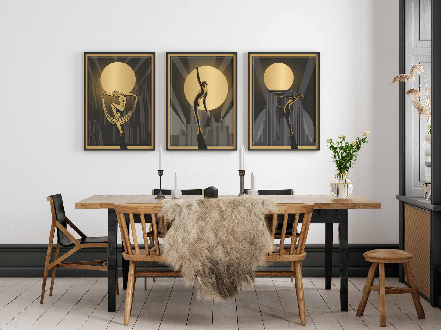 Art deco prints in black and gold, set of 3 prints