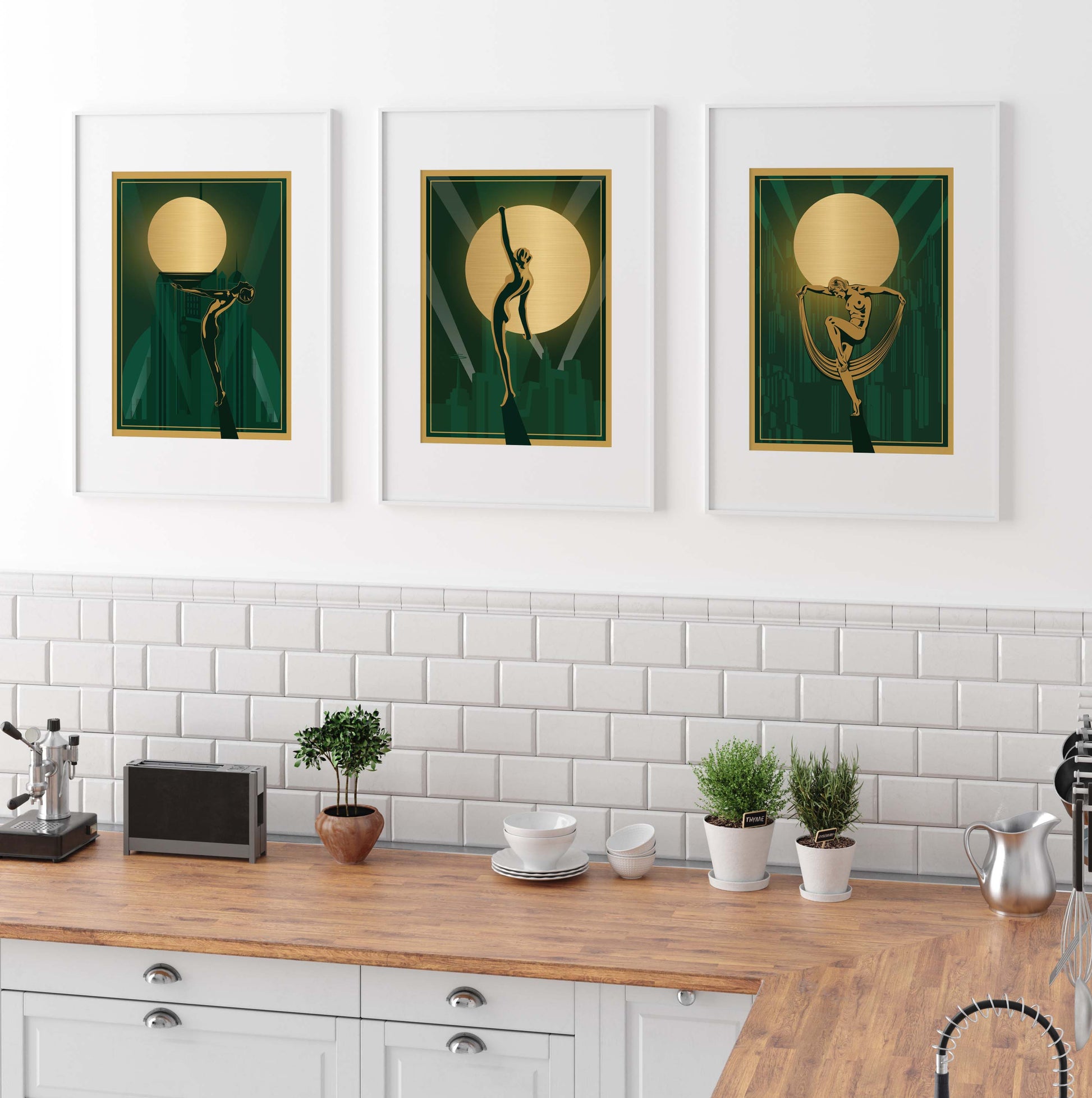 Set of 3 art deco wall art prints in gold and green with woman and globe design