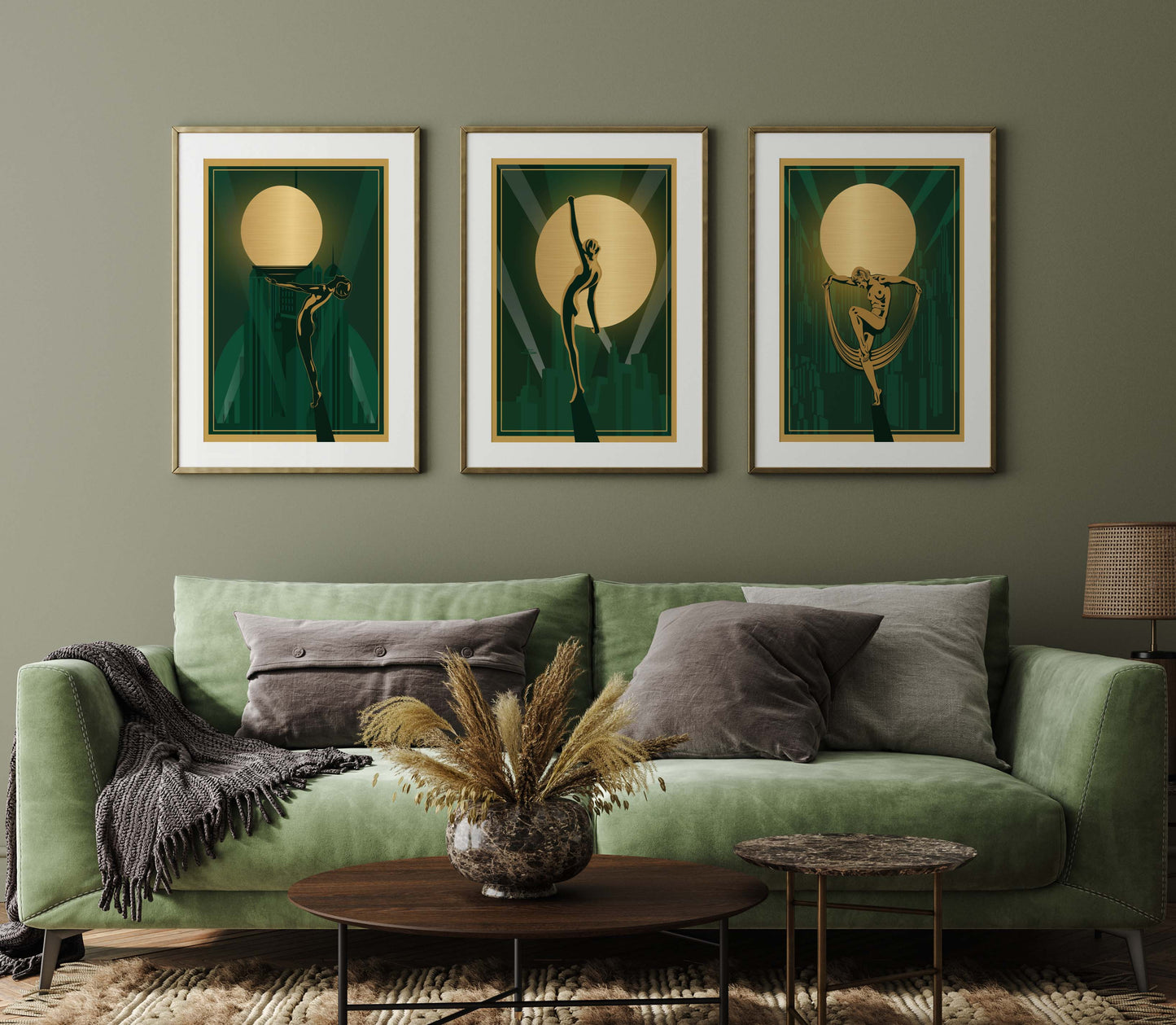 Set of art deco posters, with woman holding gold circle in green and gold