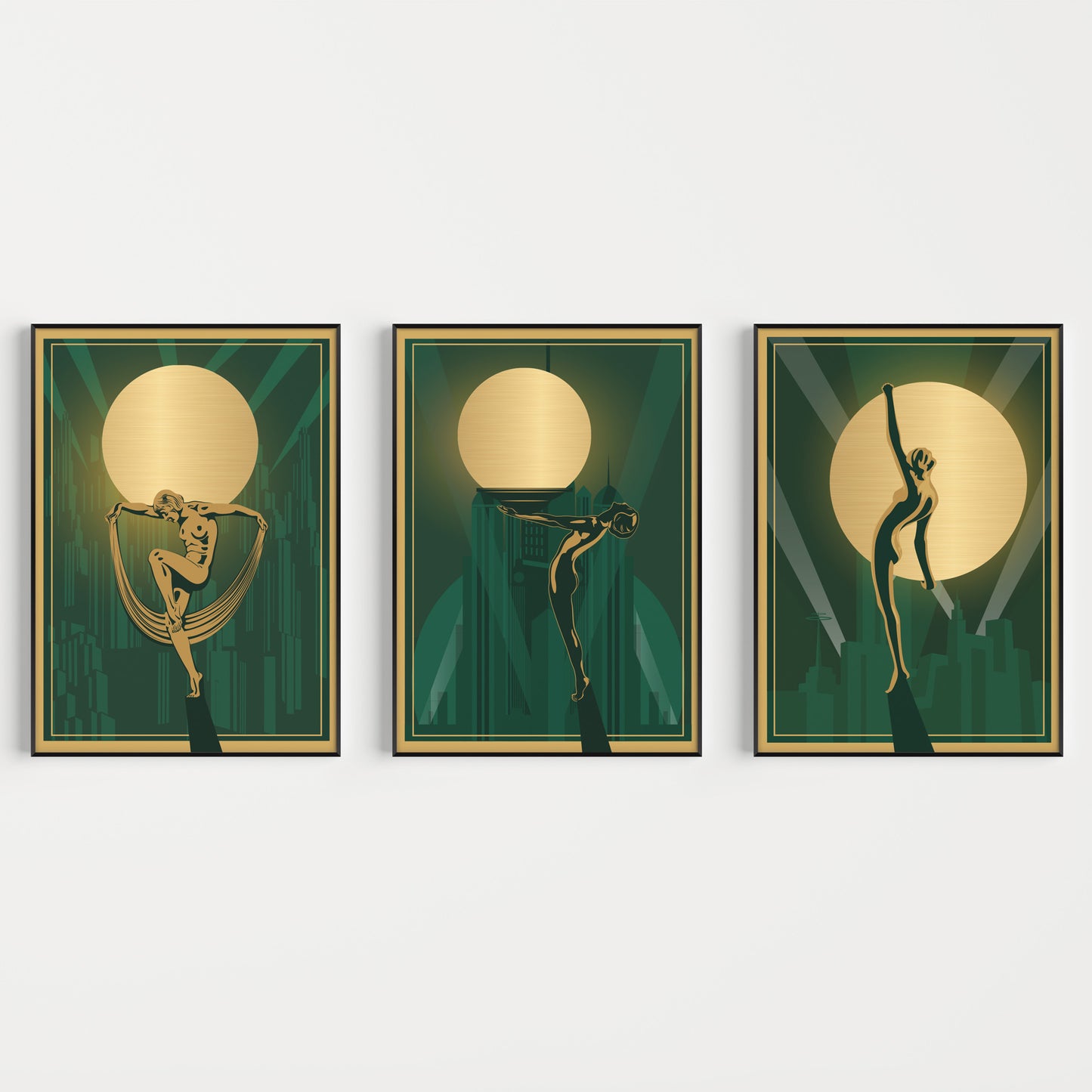 Set of art deco prints in green and gold