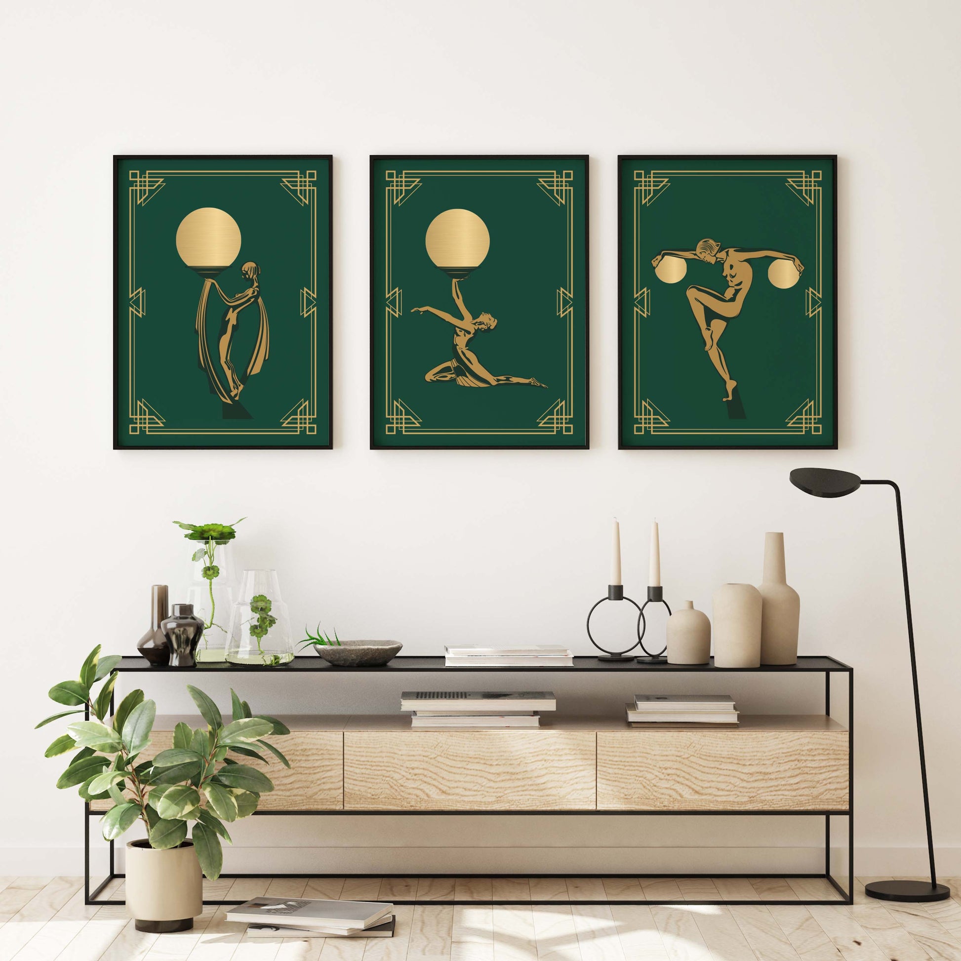 Set of art deco posters in green and gold