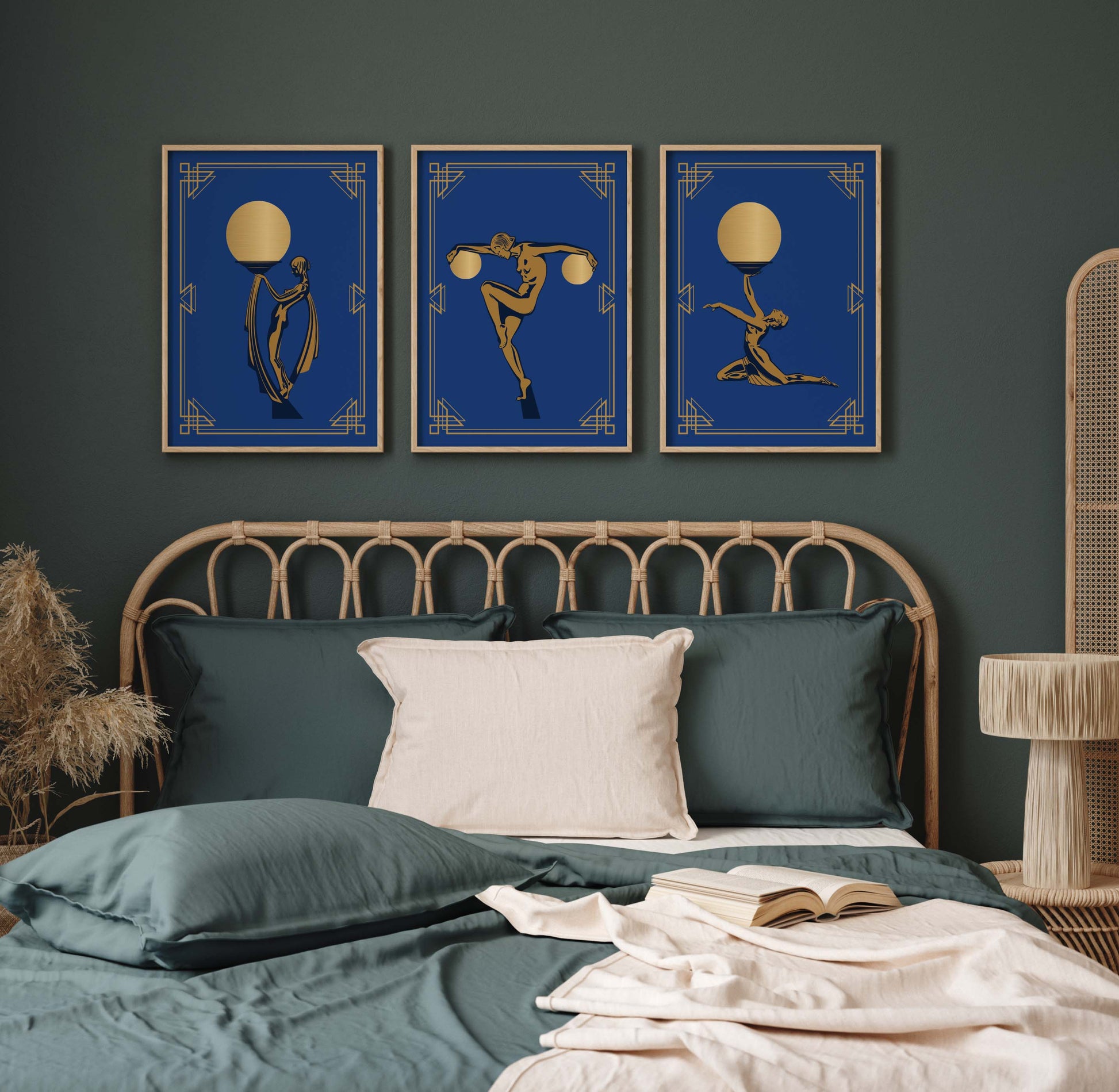 Set of 3 art deco woman posters in blue and gold