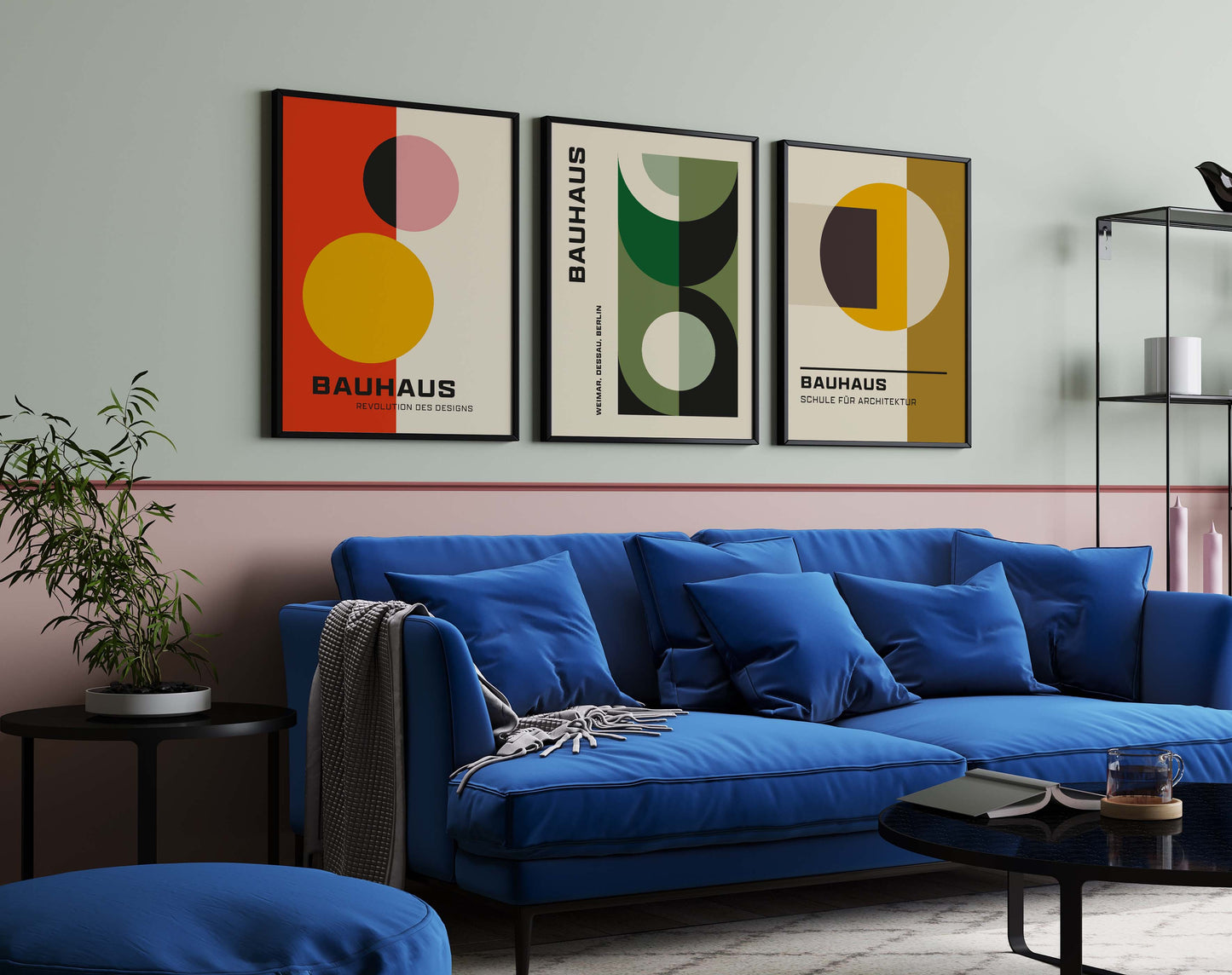 Set of 3 Bauhaus prints in a mid century modern style, in red, green and yellow