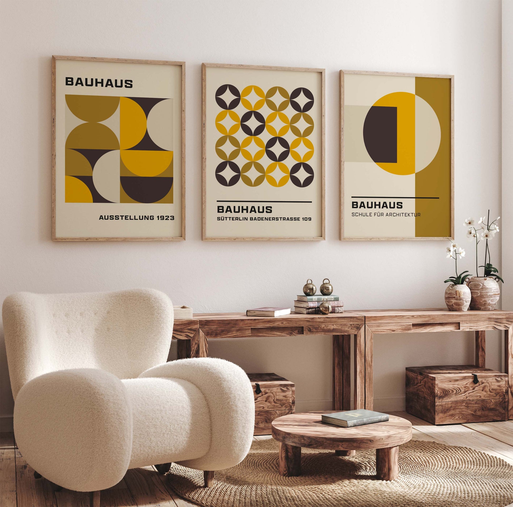 Set of 3 Bauhaus posters in yellow and mustard