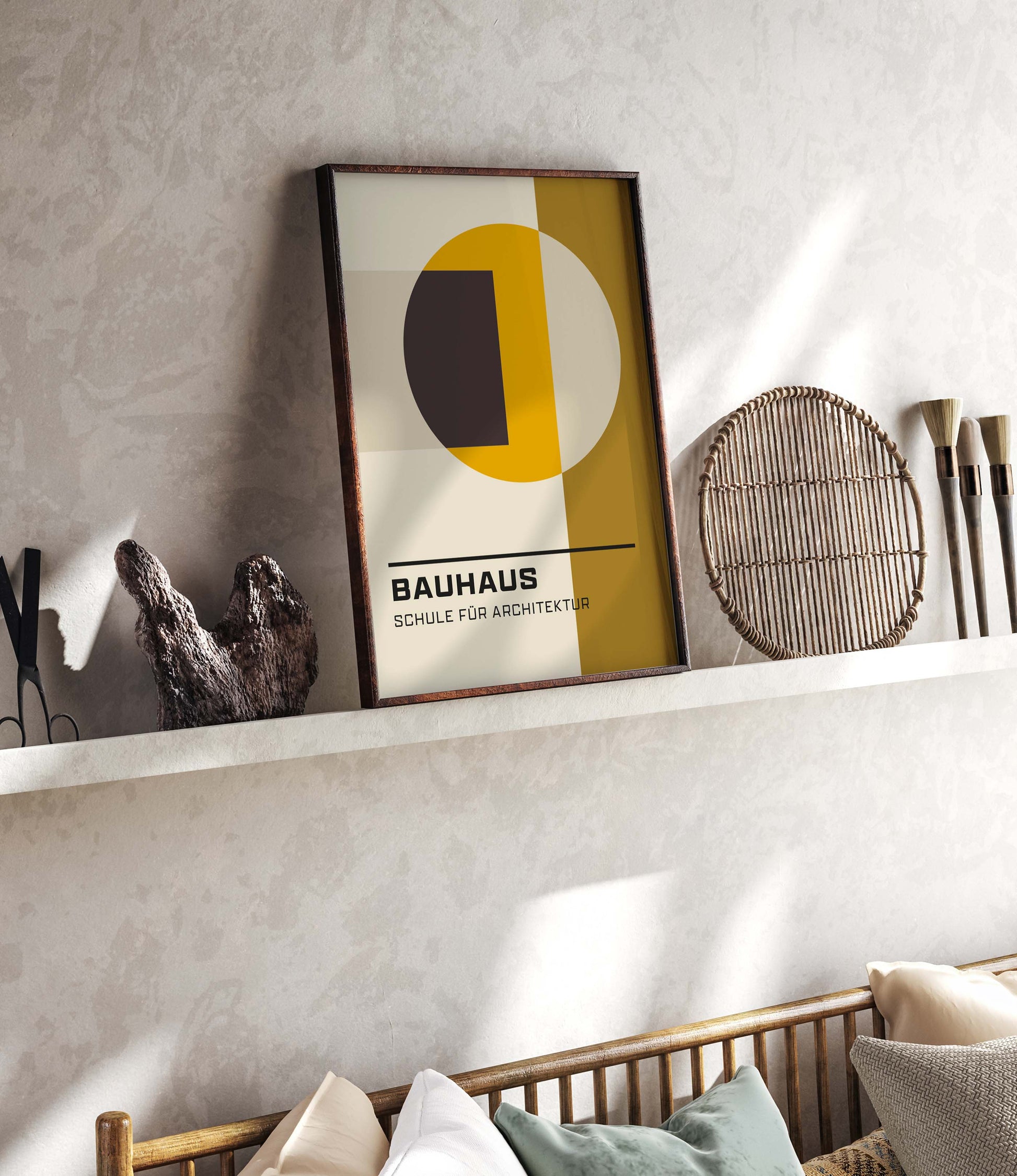 Minimalist Bauhaus print in yellow and mustard