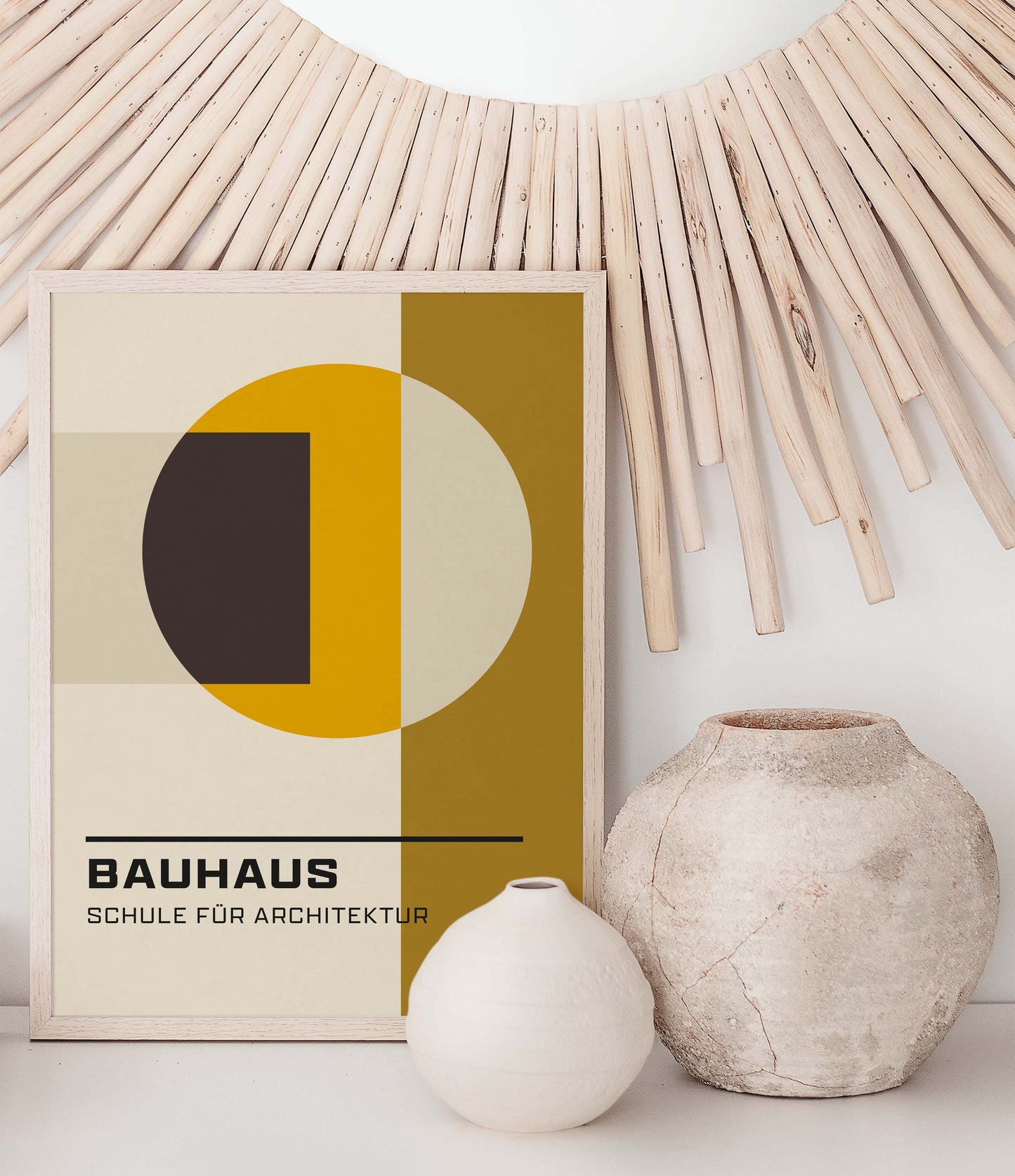 Abstract Bauhaus art print in yellow and mustard
