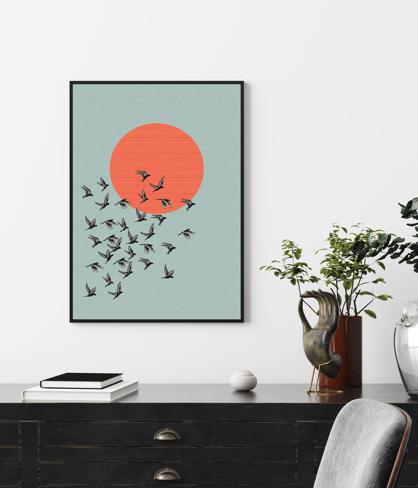 Bird art print in blue and orange