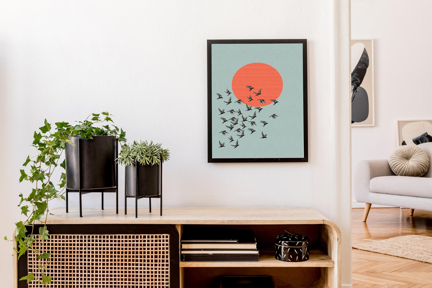 Bird flock wall art print in blue and orange