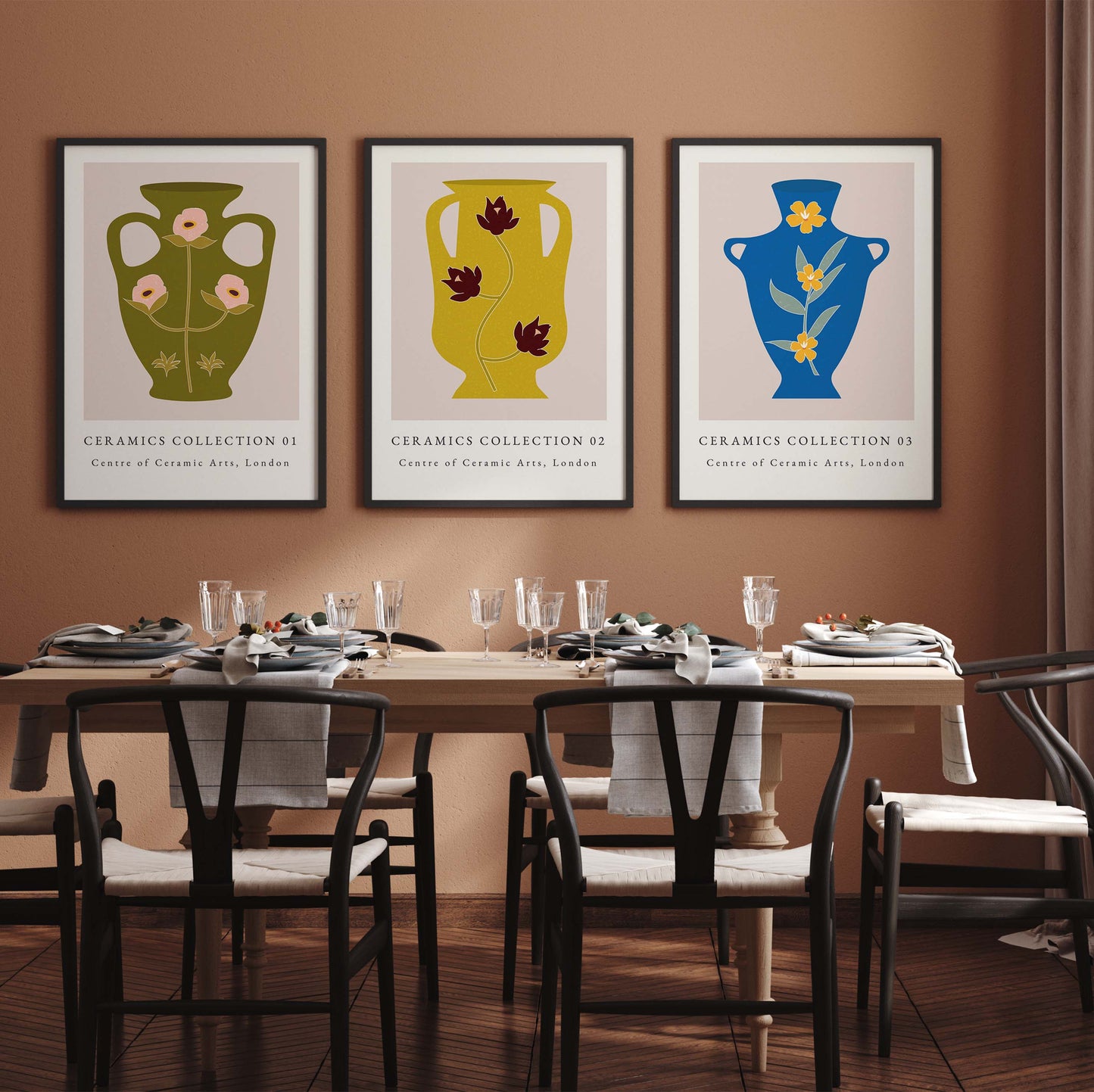 Set of ceramic vase prints in blue, yellow and green
