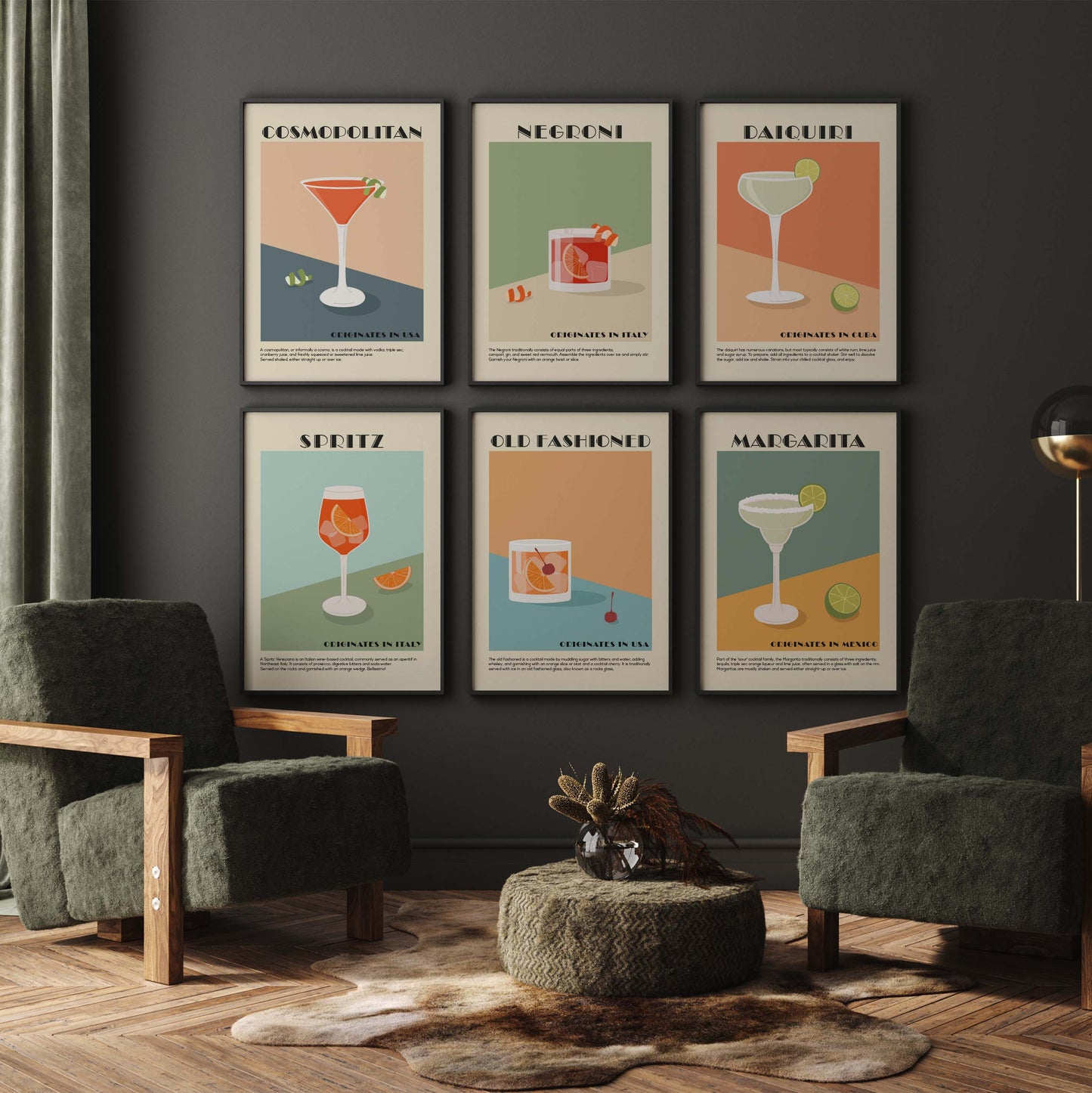 Set of 6 Cocktail Wall Art Prints in an Art Deco Style