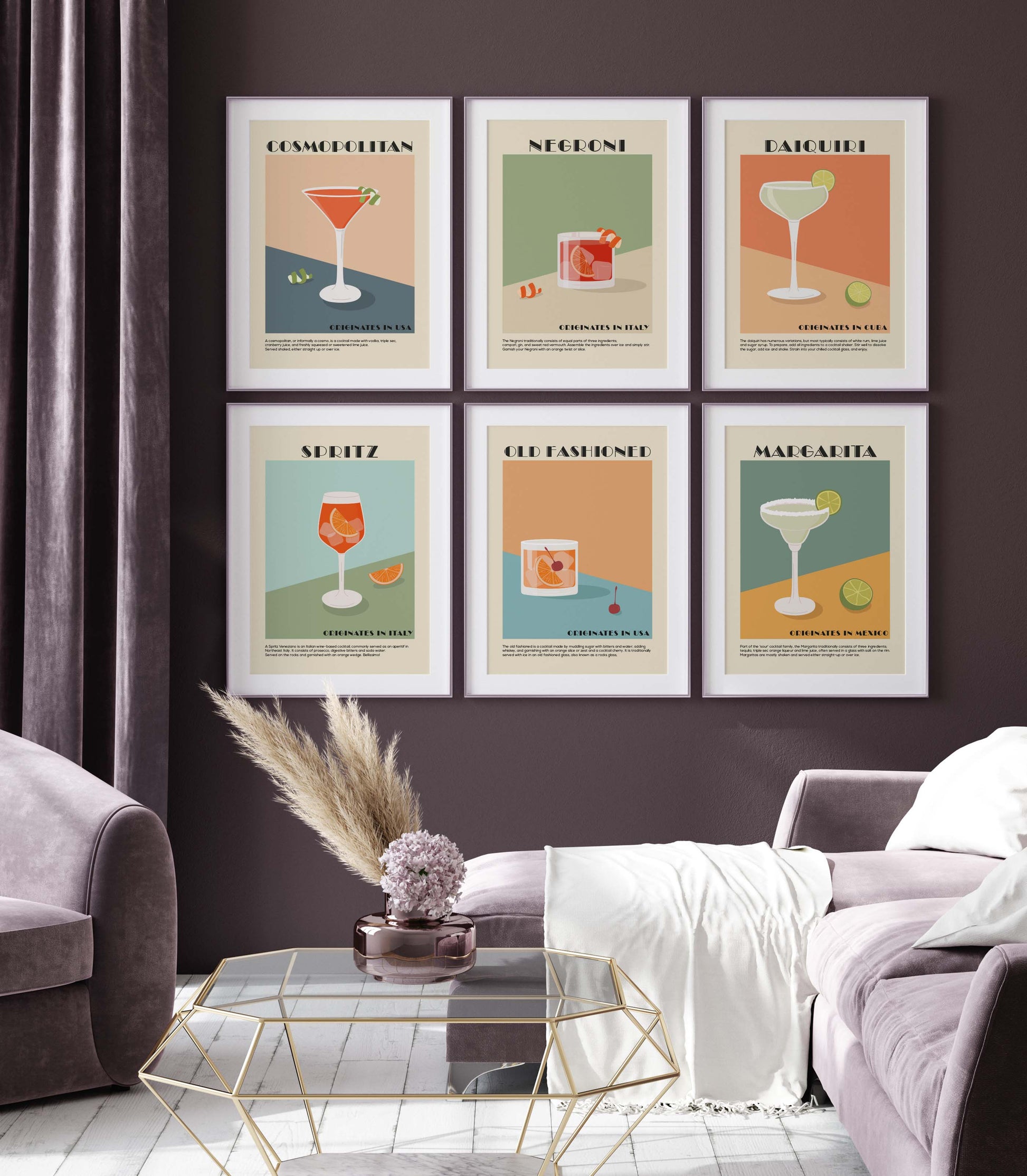 Set of 6 Cocktail Prints in an Art Deco Style