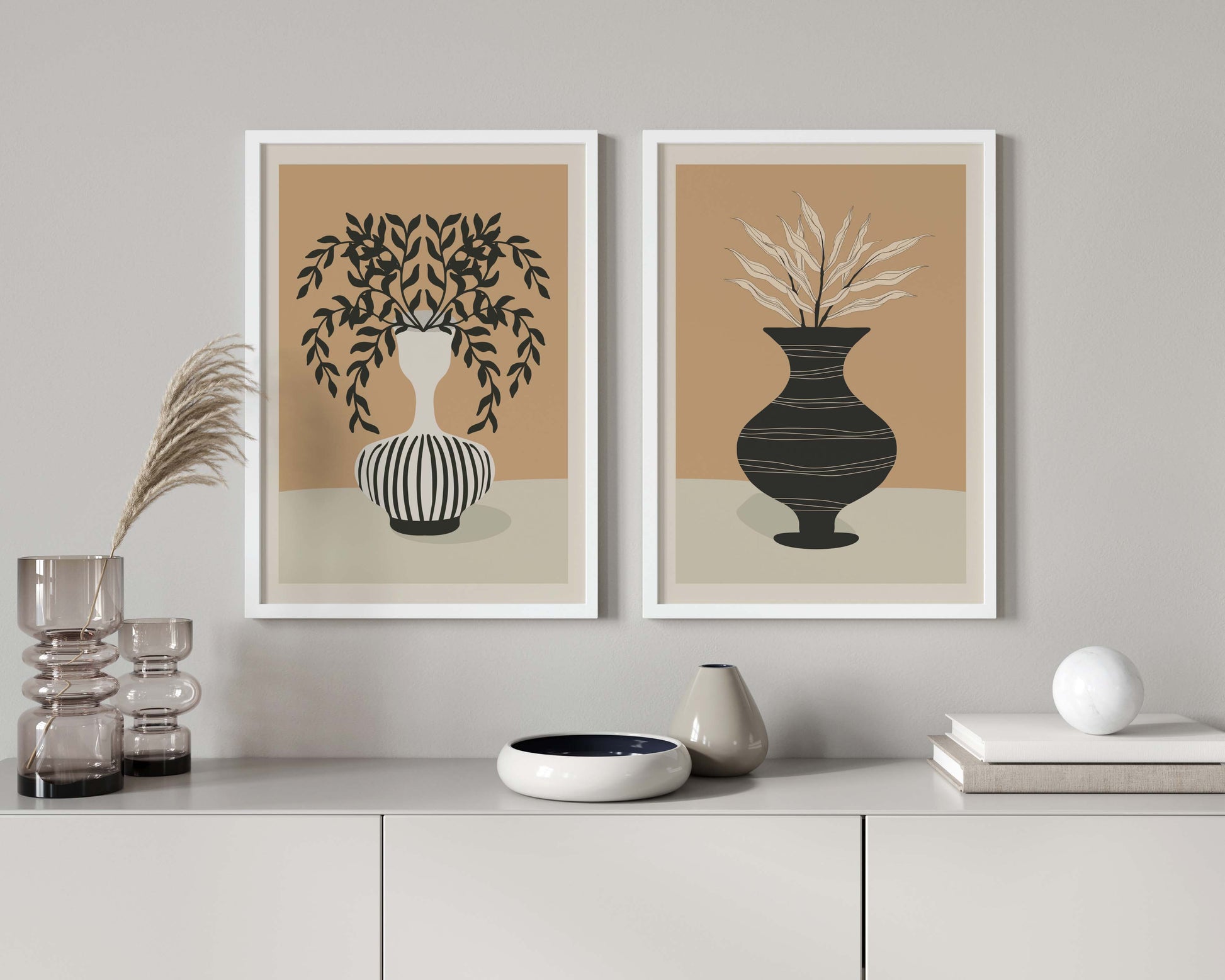Set of 2 neutral black and beige botanical prints