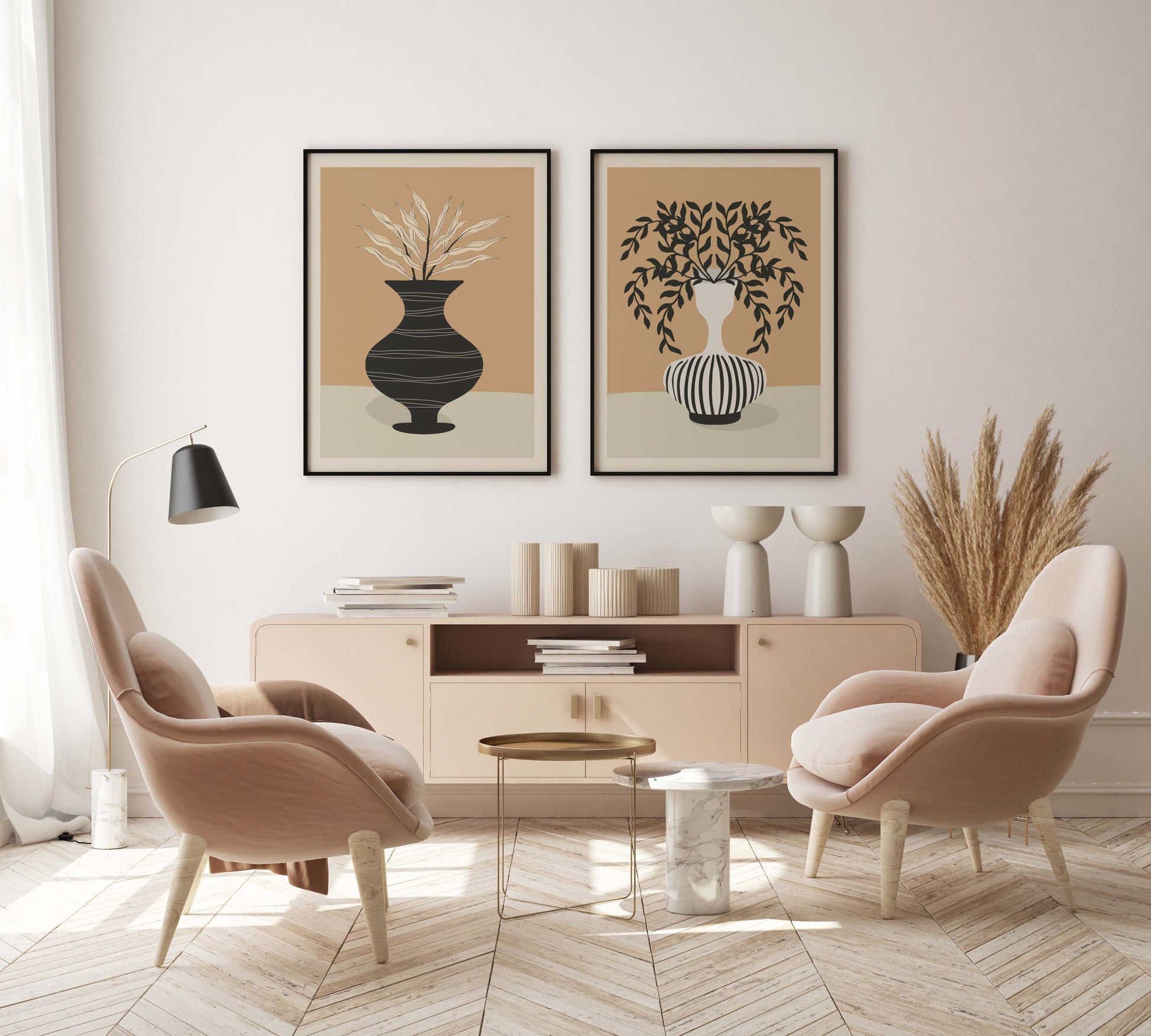 Set of 2 botanical vase prints in neutral colours