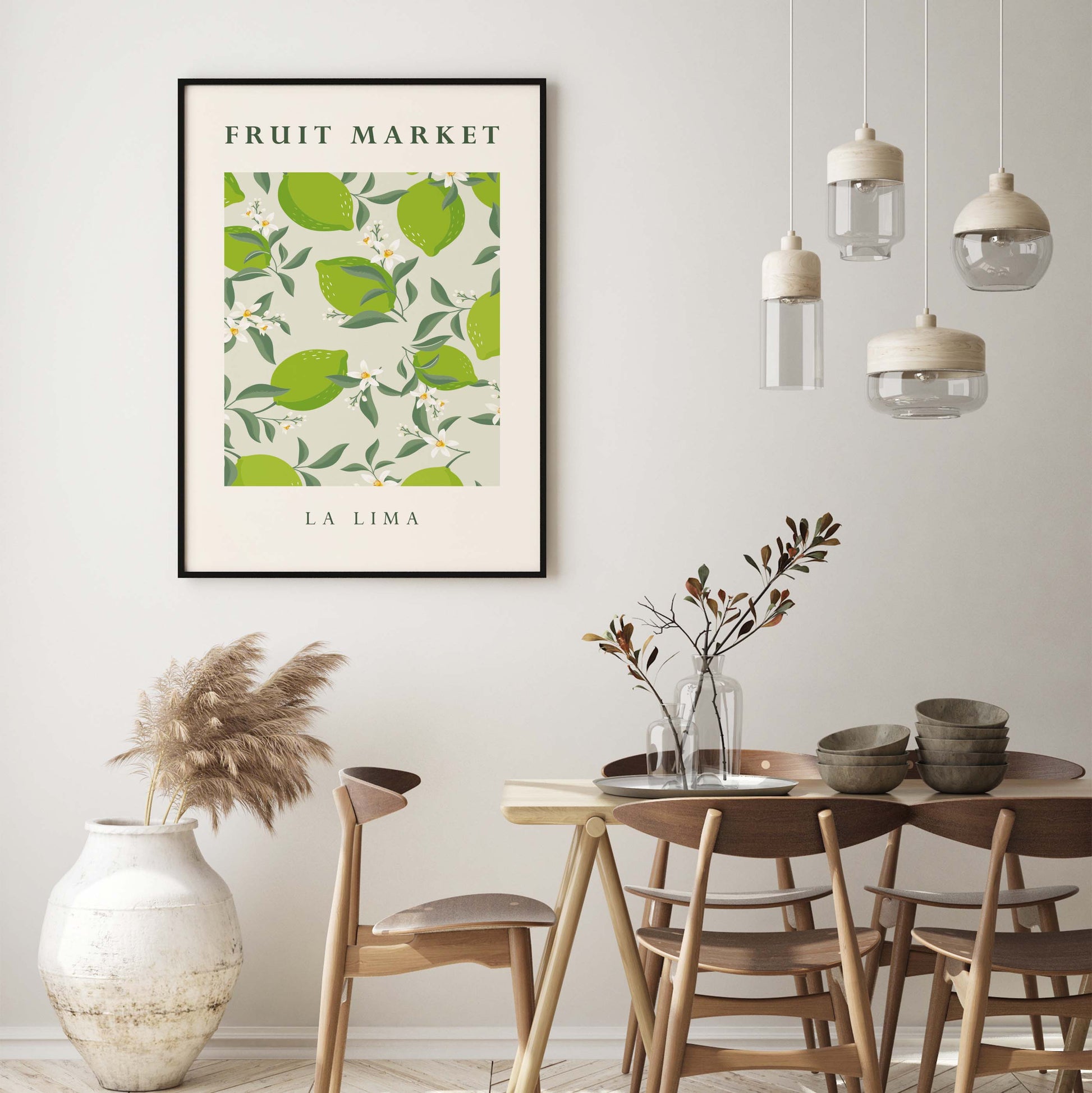Fruit market print for the kitchen in a lime green design