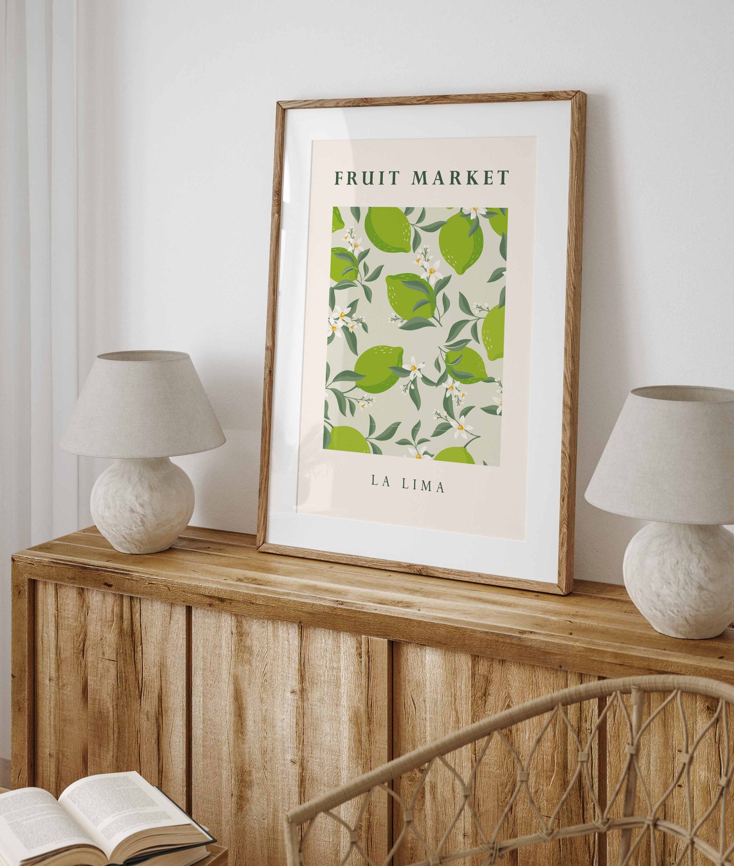 Wall art print for the kitchen with a green lime fruit market pattern