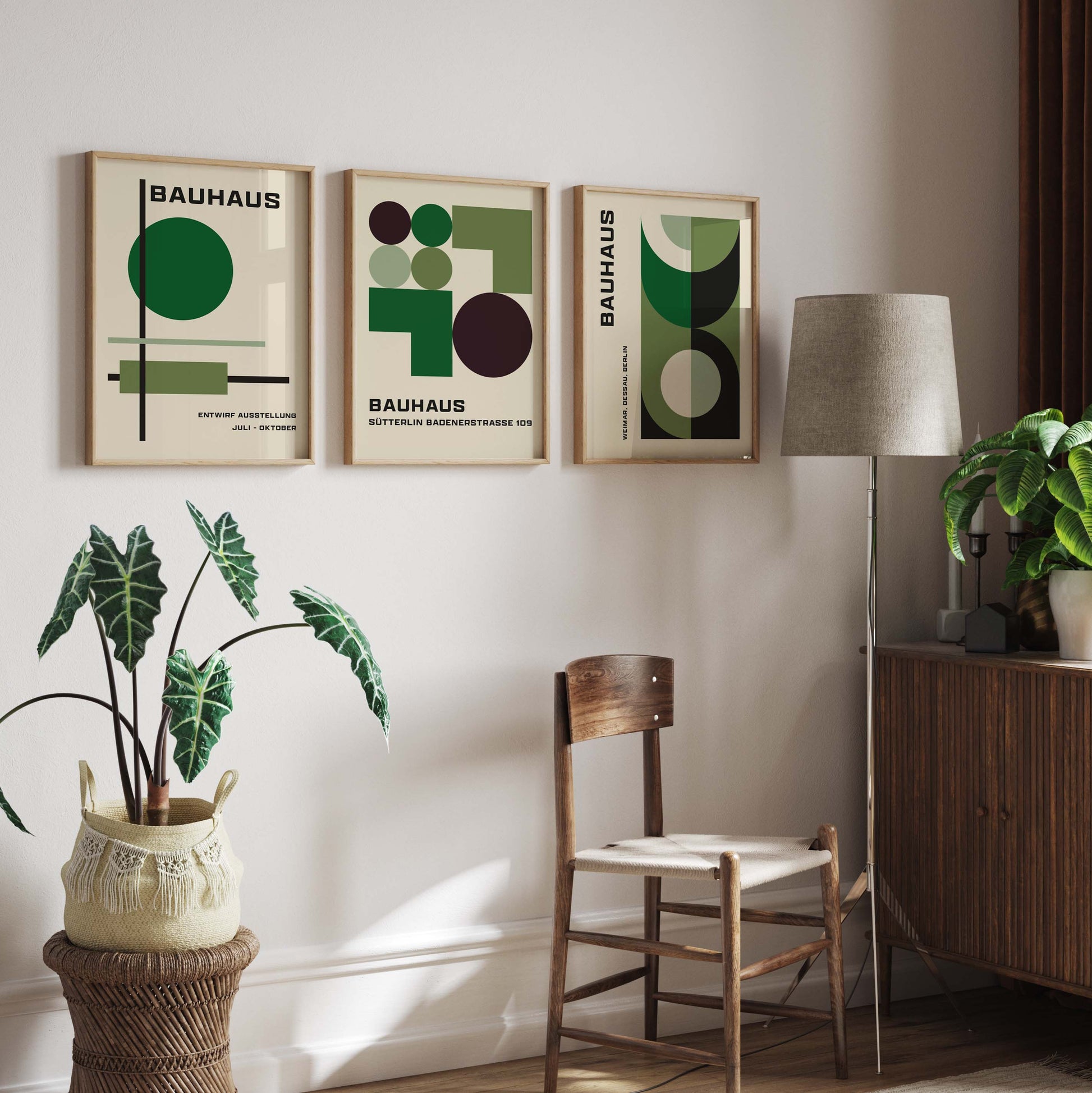 Green Bauhaus posters, in a set of 3