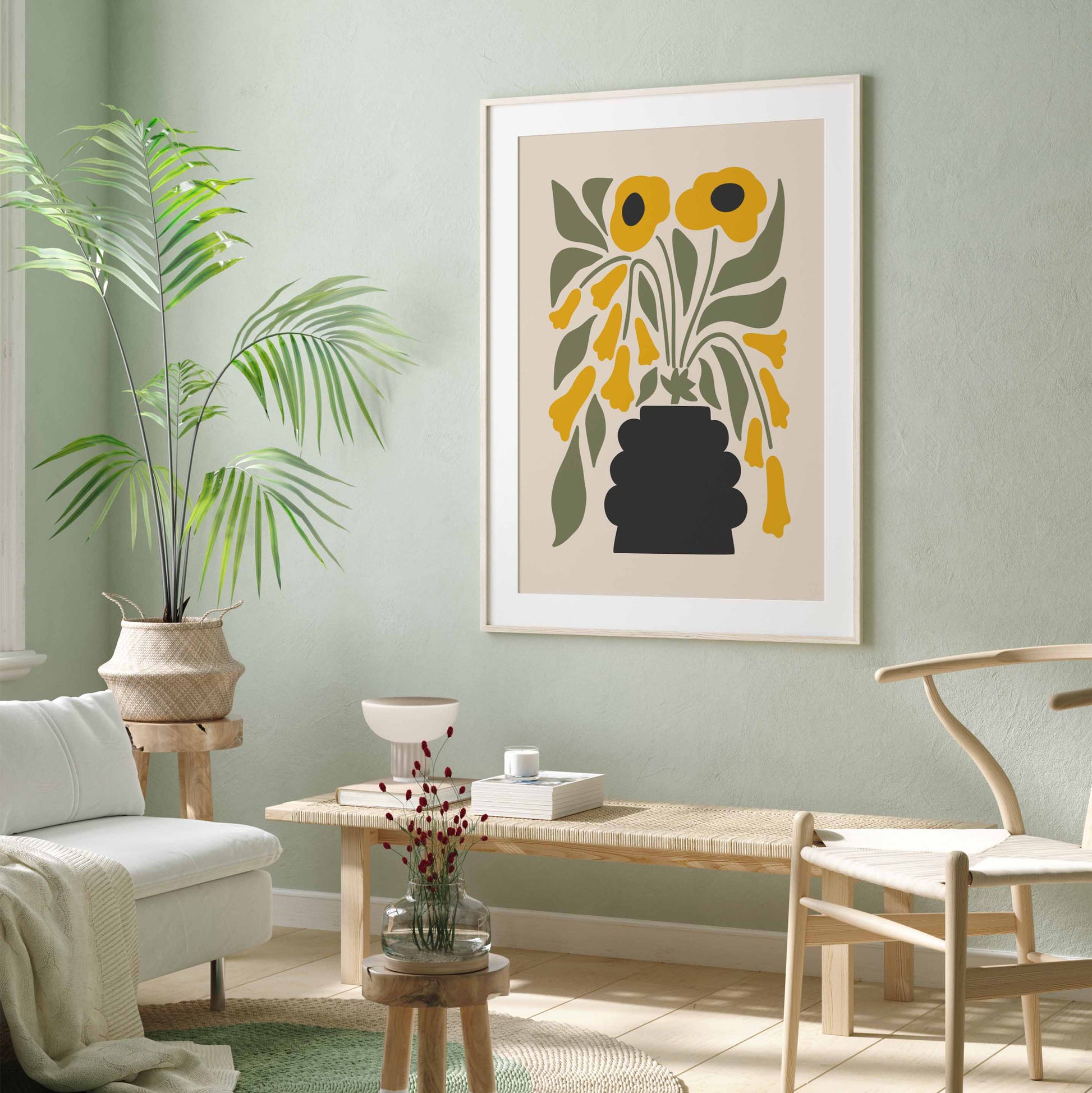 Green and yellow flower art print in a minimalist style