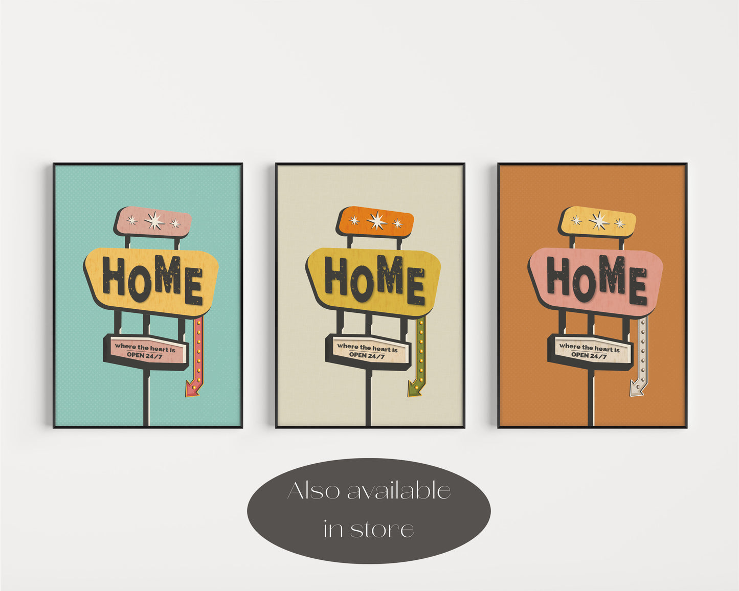 Colour options for home sign art print, in blue, beige and orange