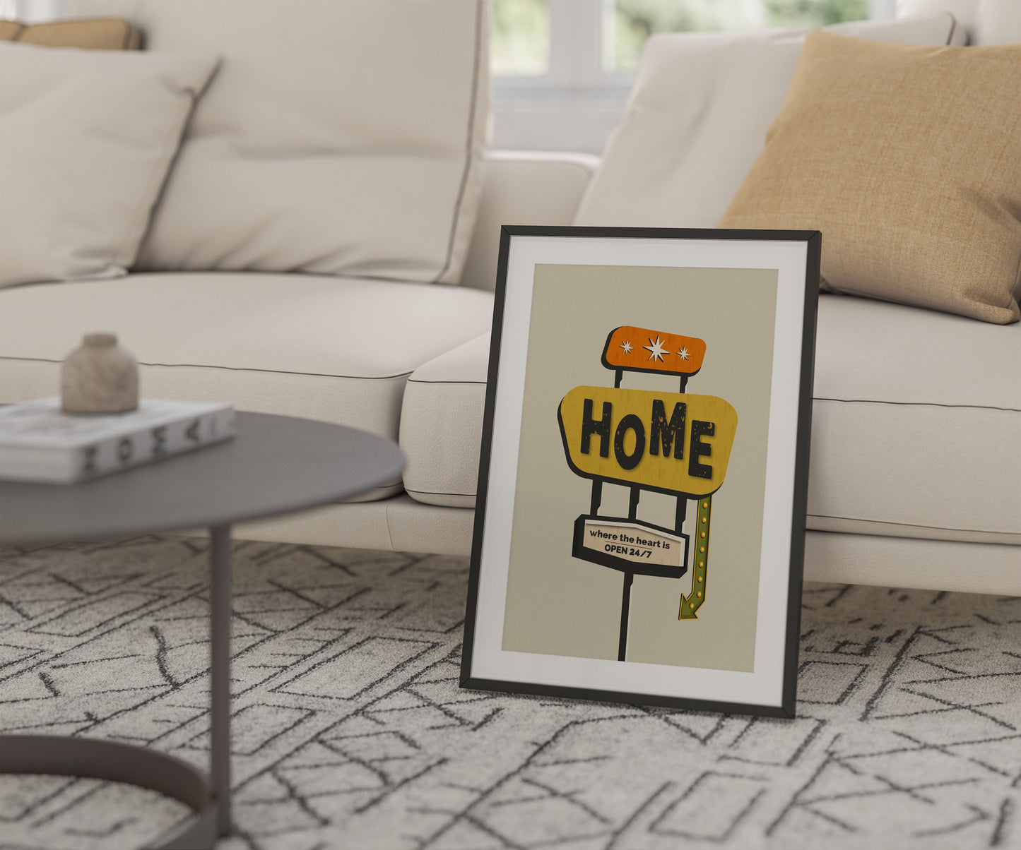 Mid century modern print with a retro Home sign