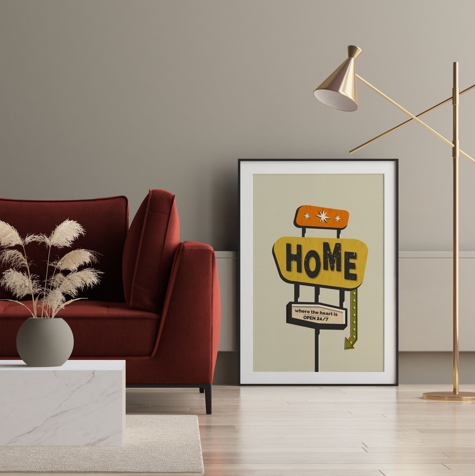 Wall art print with a retro style home sign and "home is where the hears is" quote