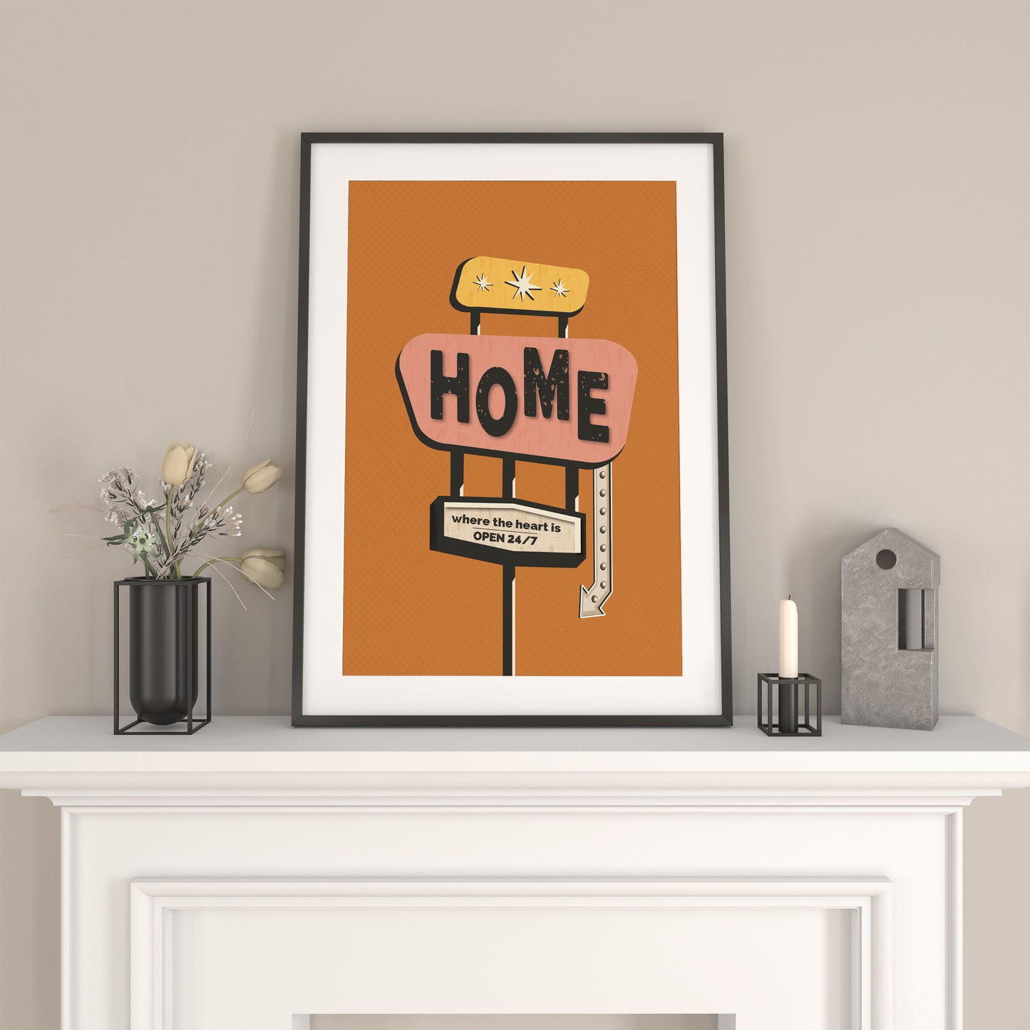 Wall art print in orange with a retro style home sign