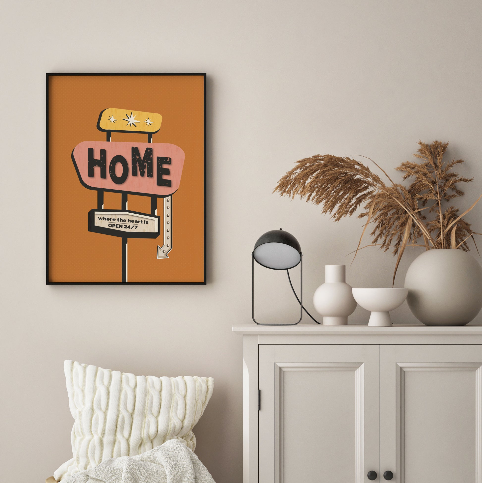 Home sign poster in orange, with a mid century modern style