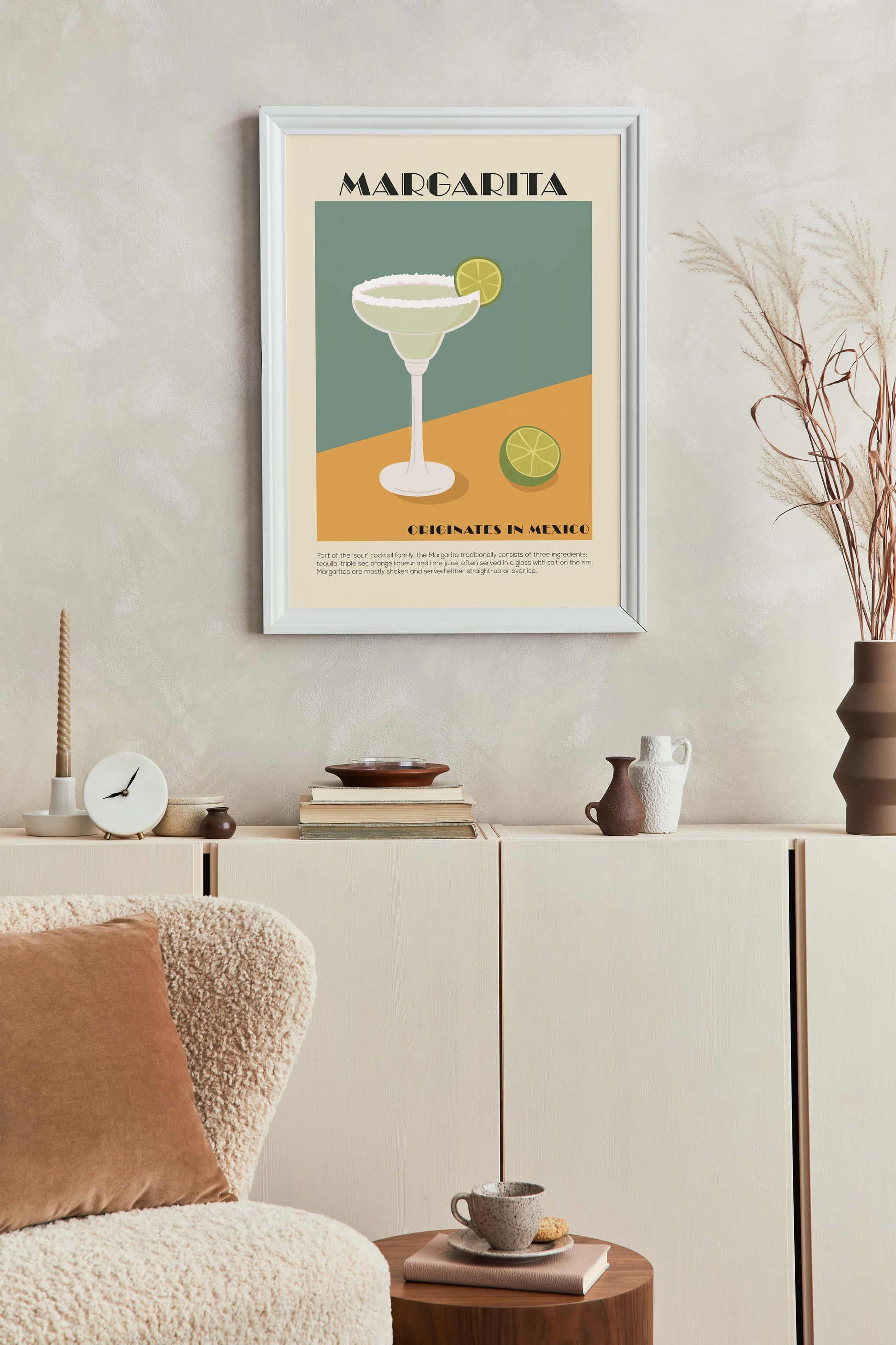 Minimalist margarita cocktail poster in an art deco style
