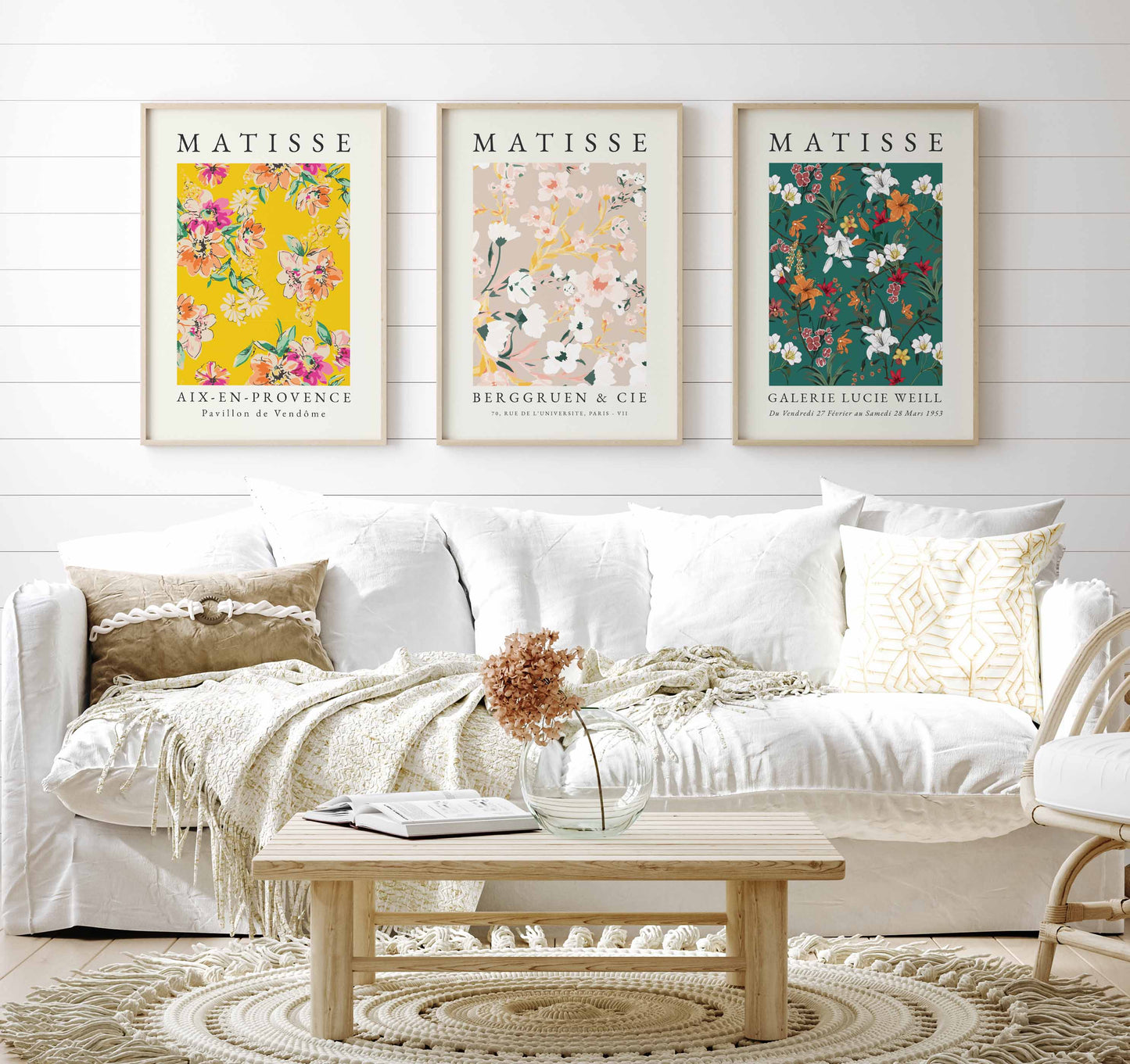 Set of 3 Matisse flower pattern prints, in yellow, pink and green