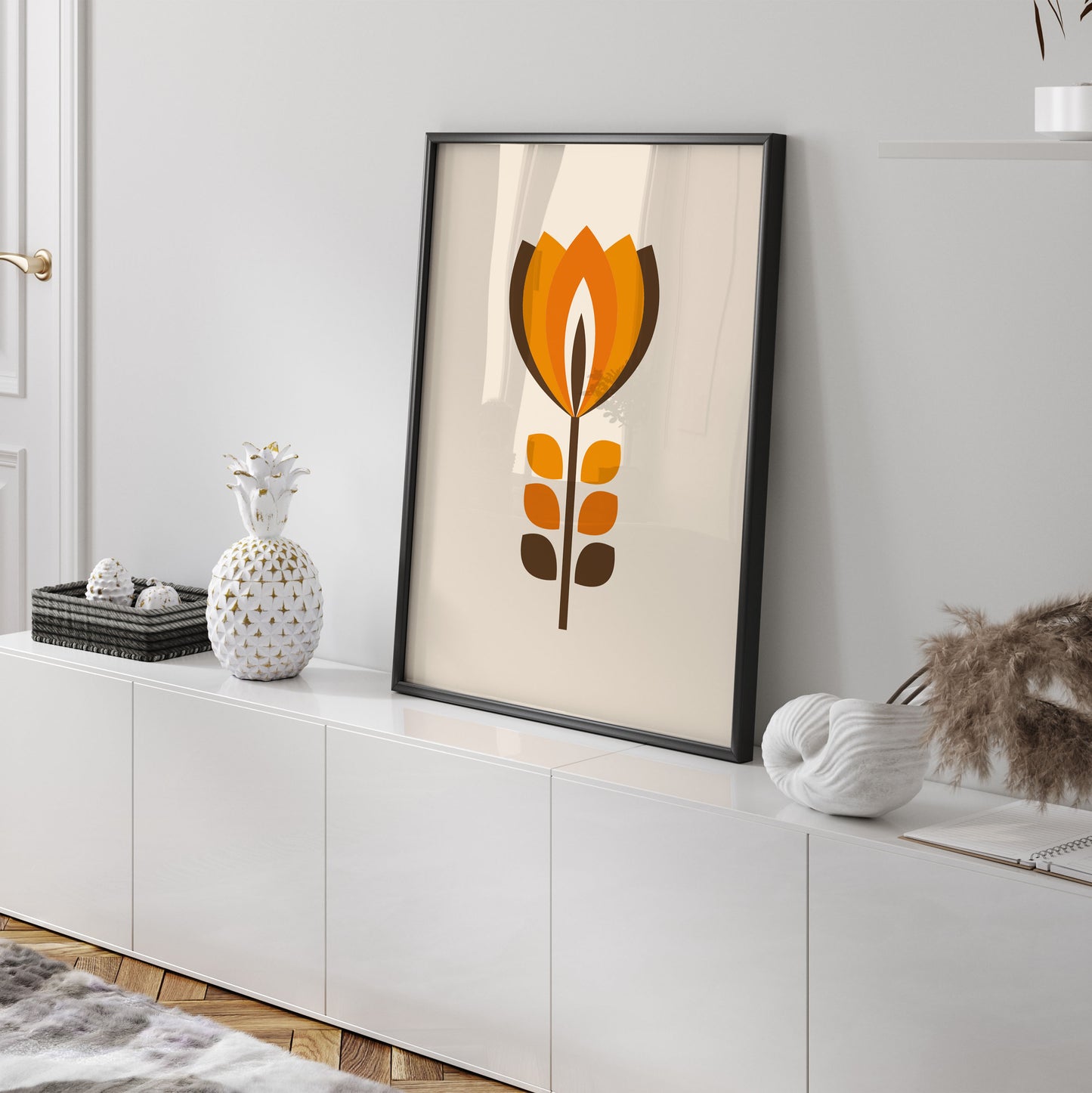 Flower Wall Art Print in Orange and Brown