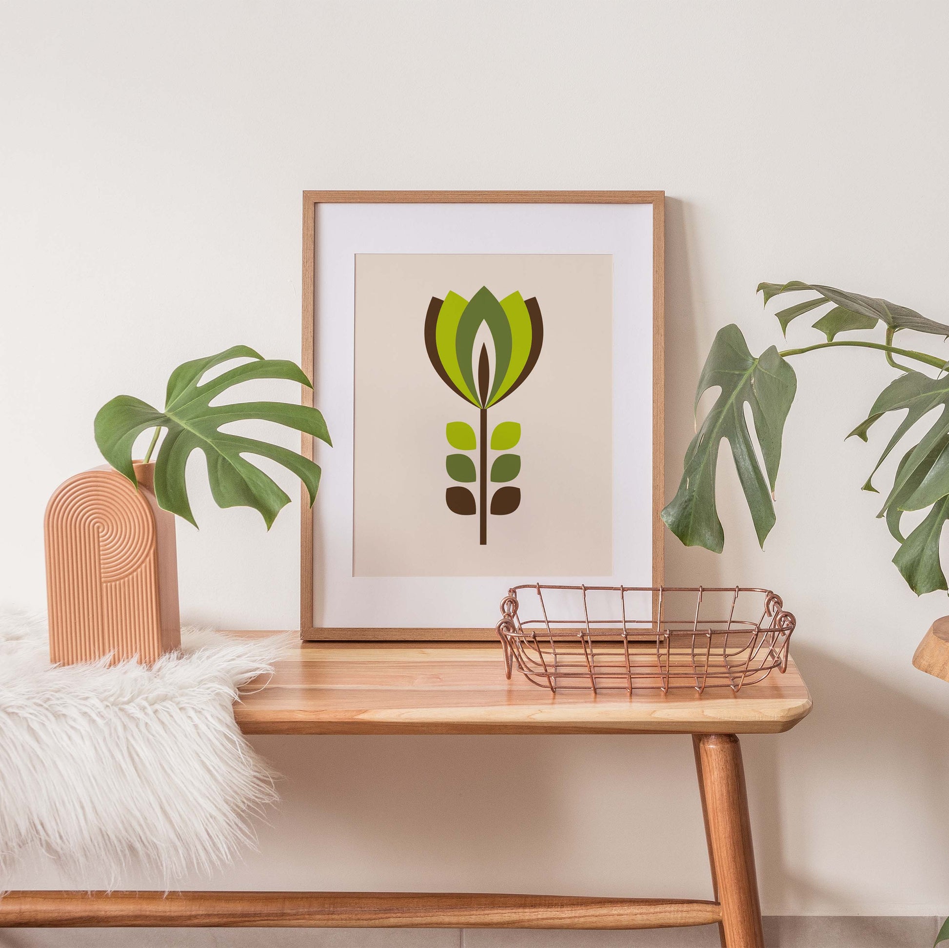 Mid century modern flower wall art print in green