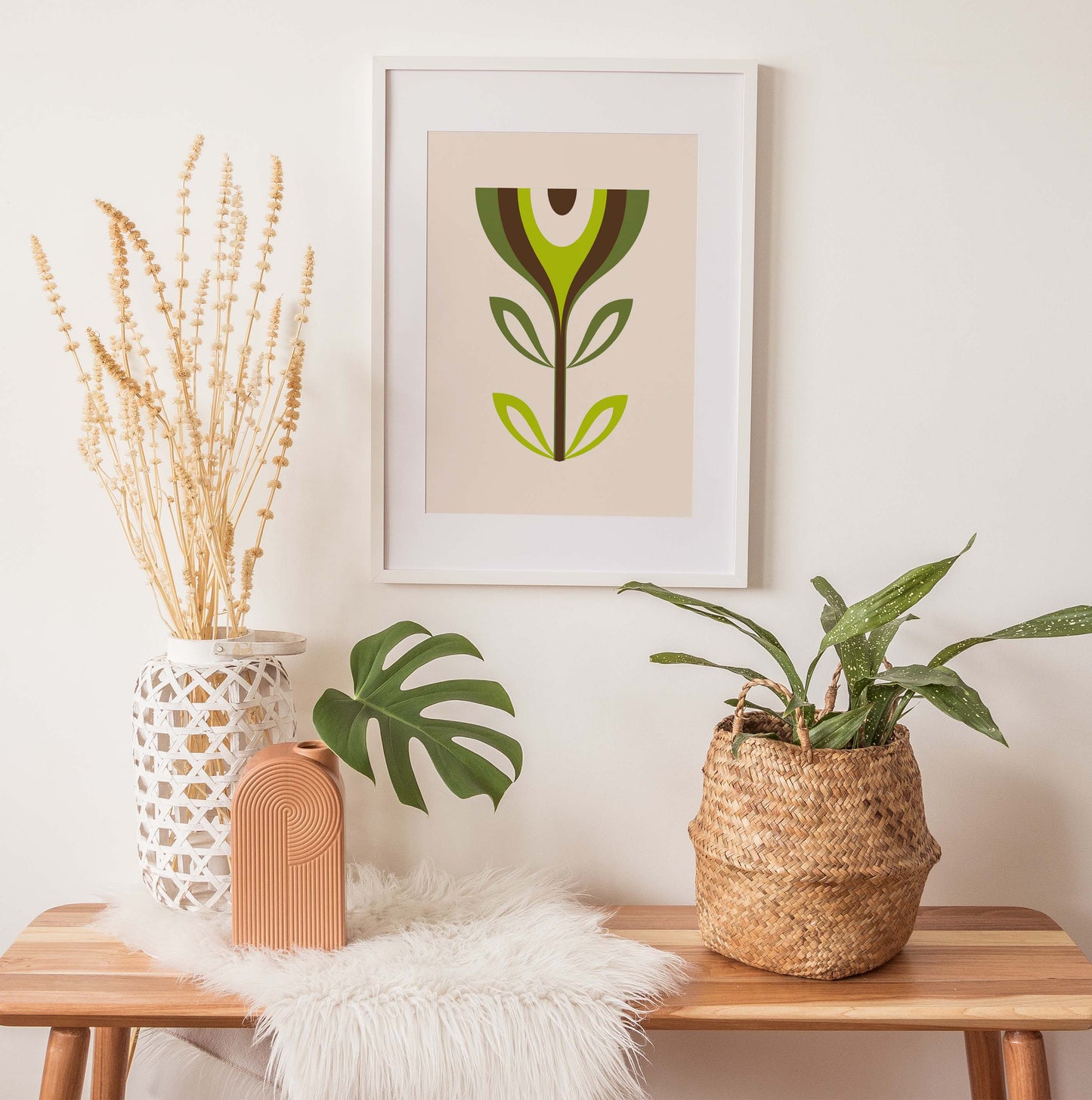 Green flower wall art print with a mid century modern style
