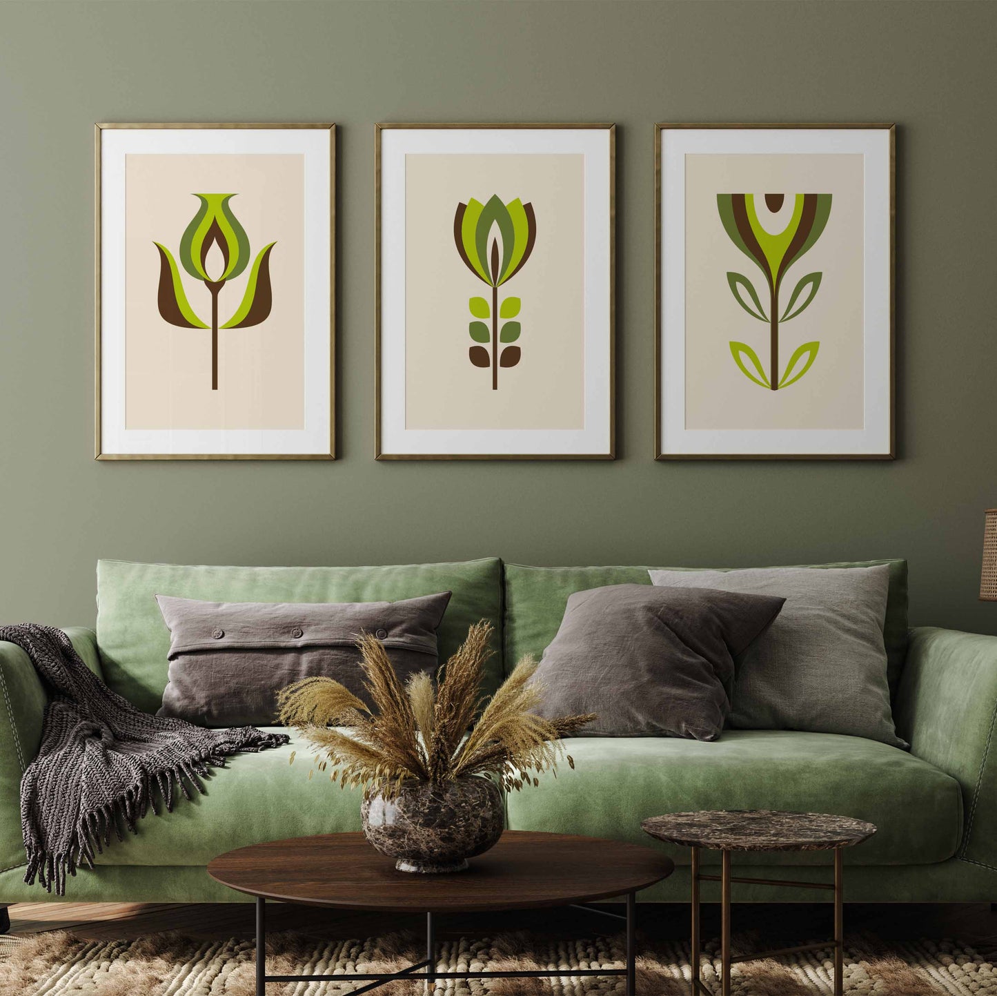 Set of green flower prints with a mid century modern style design