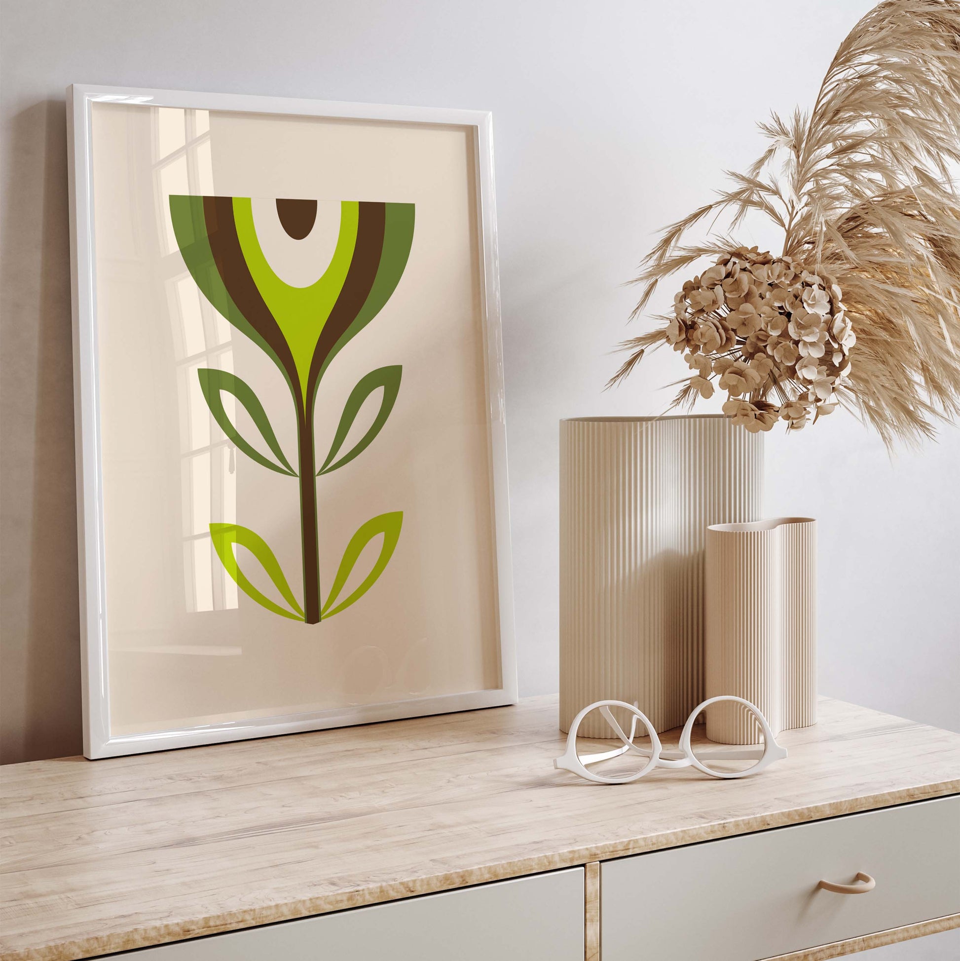 Flower print in a mid century modern style in green tones
