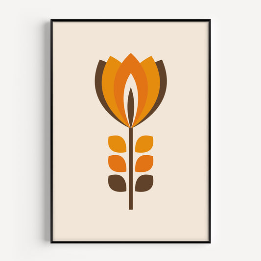 Mid Century Modern Flower Print in Orange and Brown