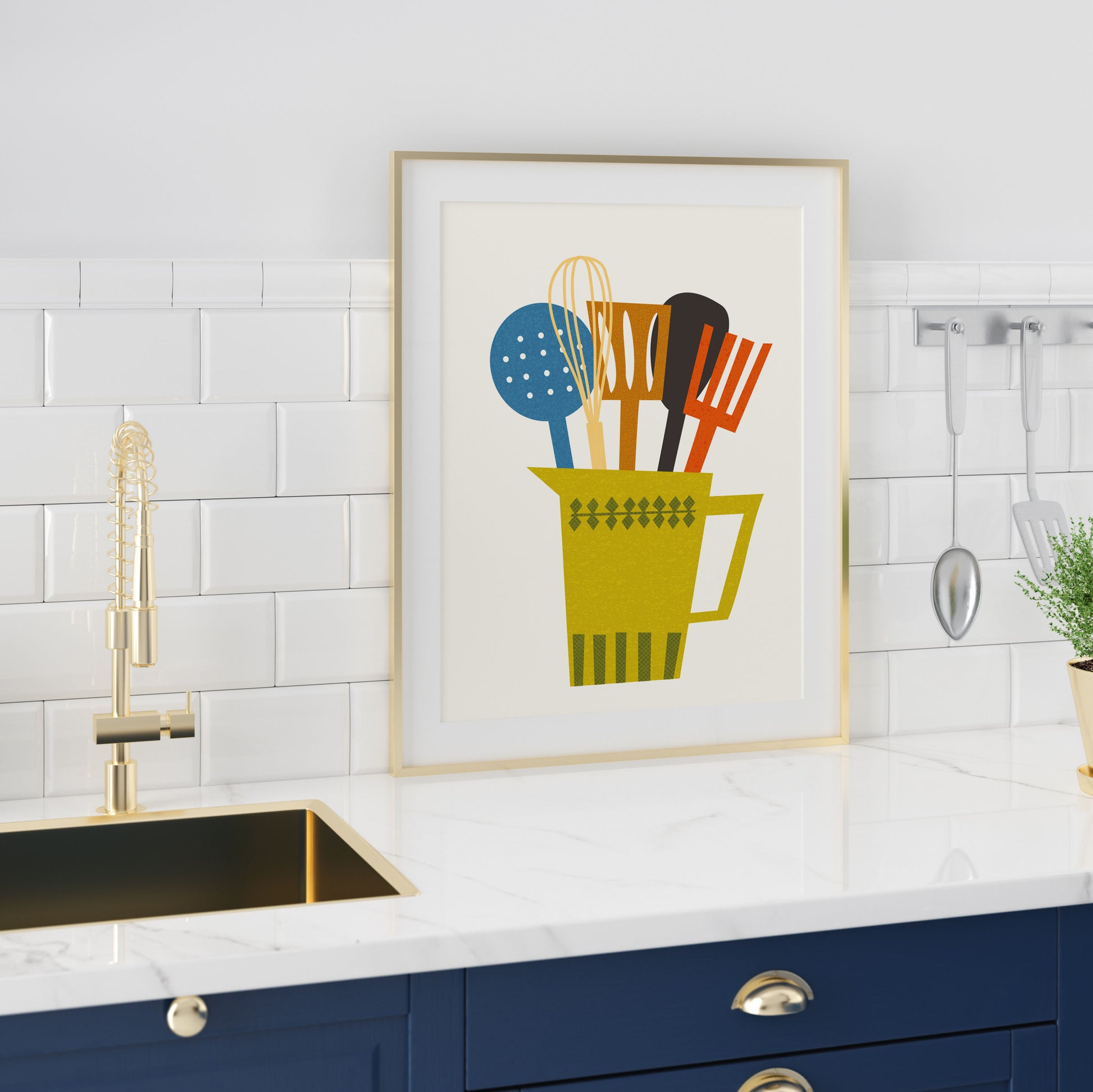 Kitchen poster in a mid century modern style with kitchen utensils in a retro style pot