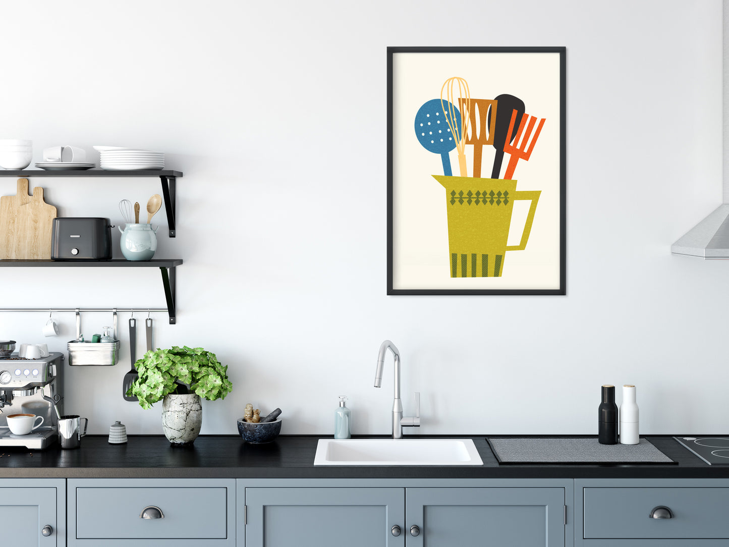 Kitchen wall art print in a mid century modern style with kitchen utensils in a retro jug