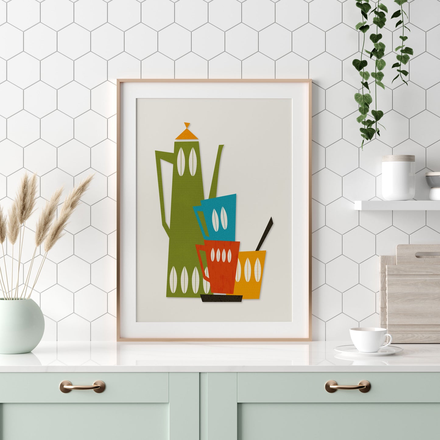 Mid century kitchen print with tea and coffee pot and mugs in a colourful design