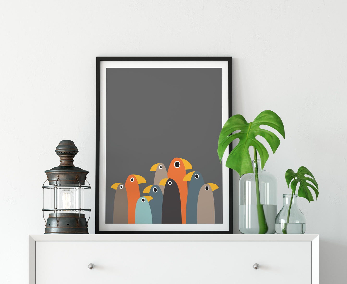 Bird print in a colourful Scandi minimalist style