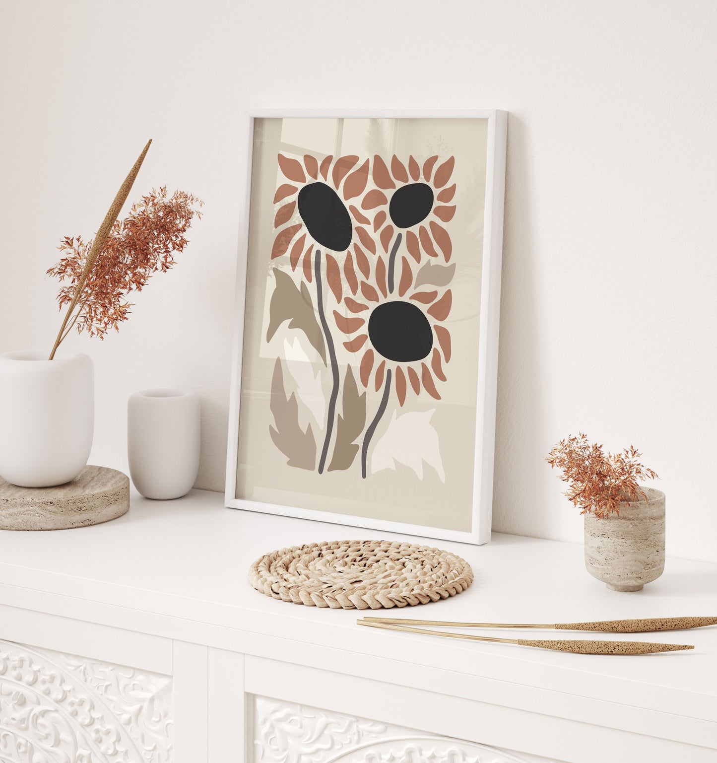 Sunflower print in a minimalist style and neutral colour palette