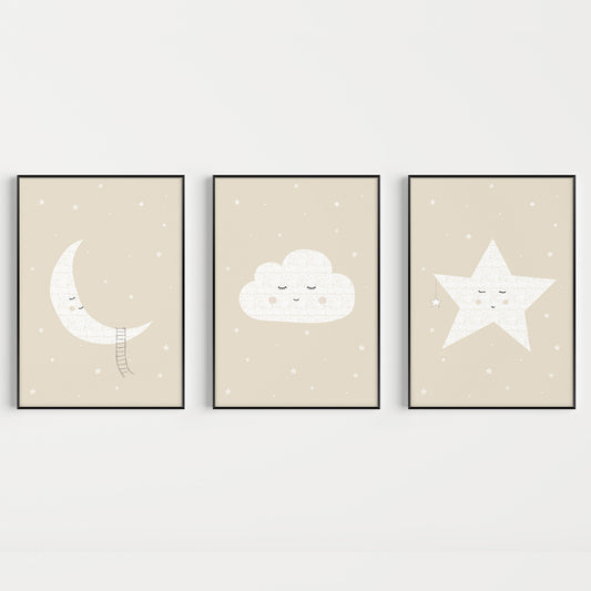 Neutral Nursery Prints Set, Moon, Cloud and Star