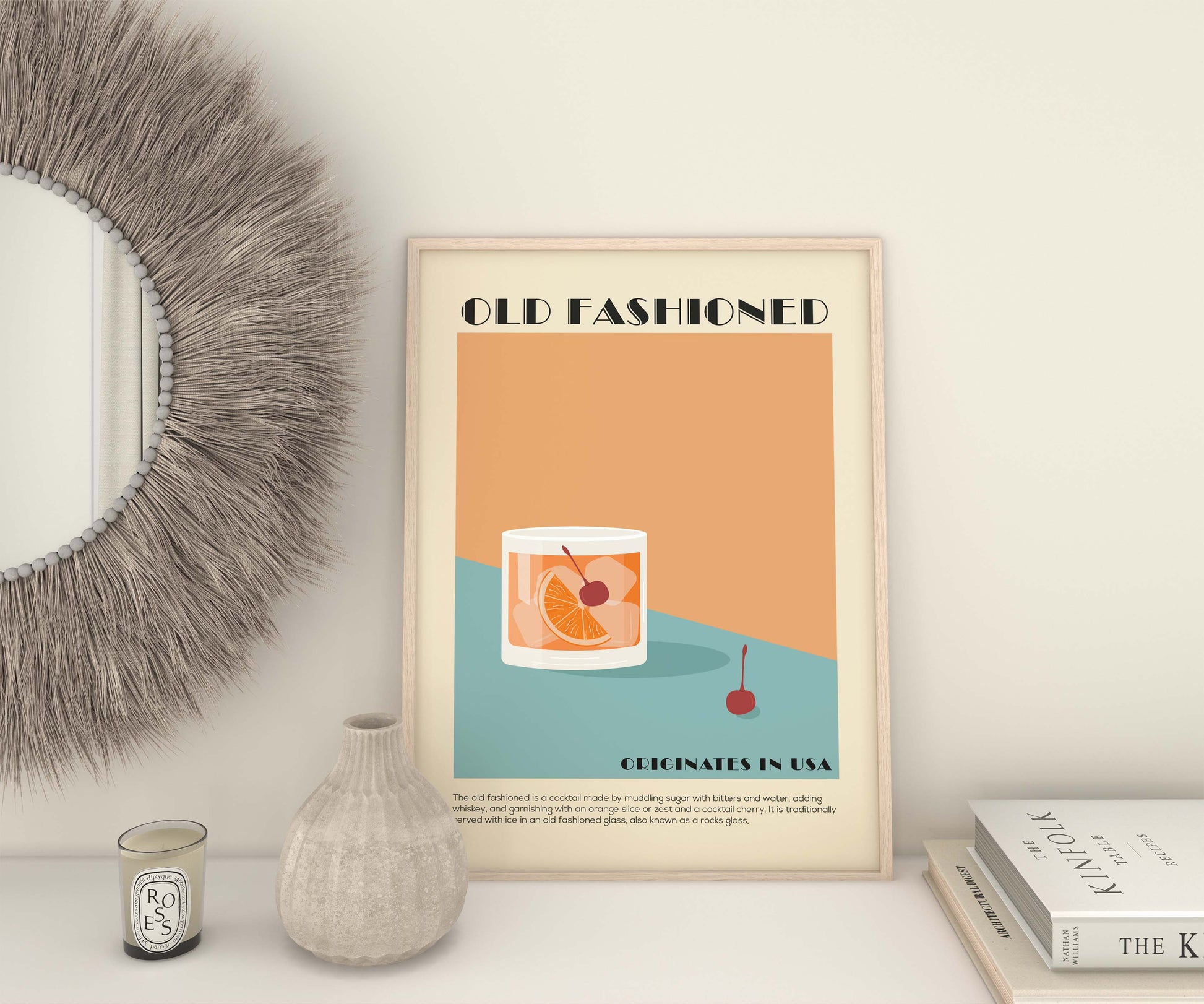 Minimalist Old Fashioned Cocktail Print in an Art Deco Style
