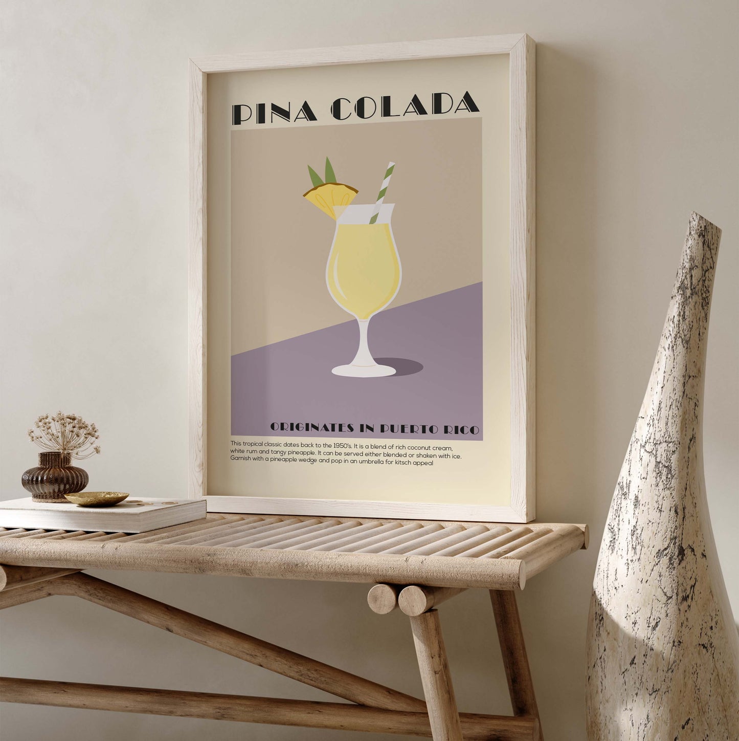 Minimalist pina colada cocktail wall art print in a retro style