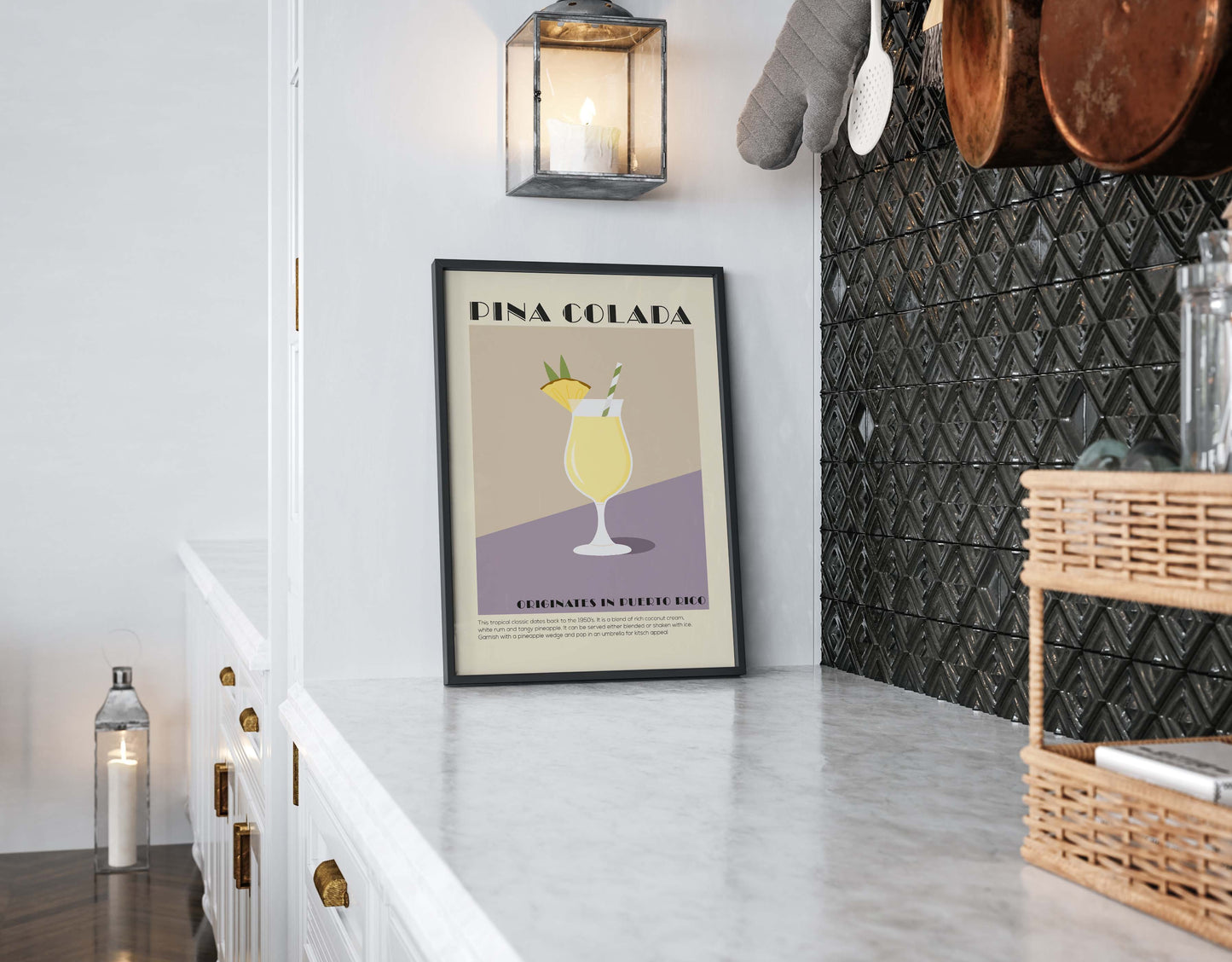 Kitchen print with a minimalist style pina colada cocktail
