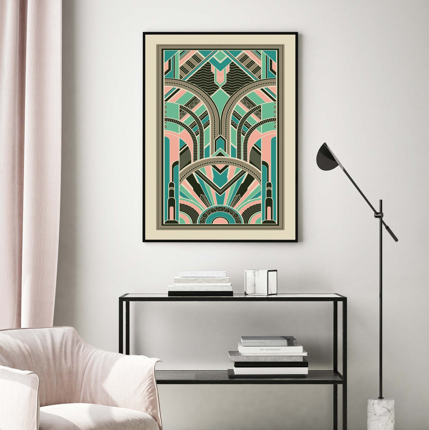 Art deco wall art print in pink and teal